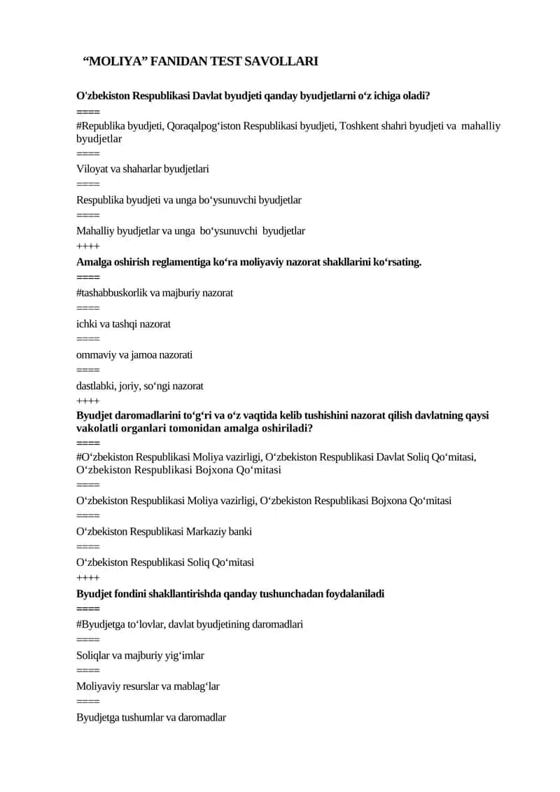 "MOLIYA" FANIDAN TEST SAVOLLARI