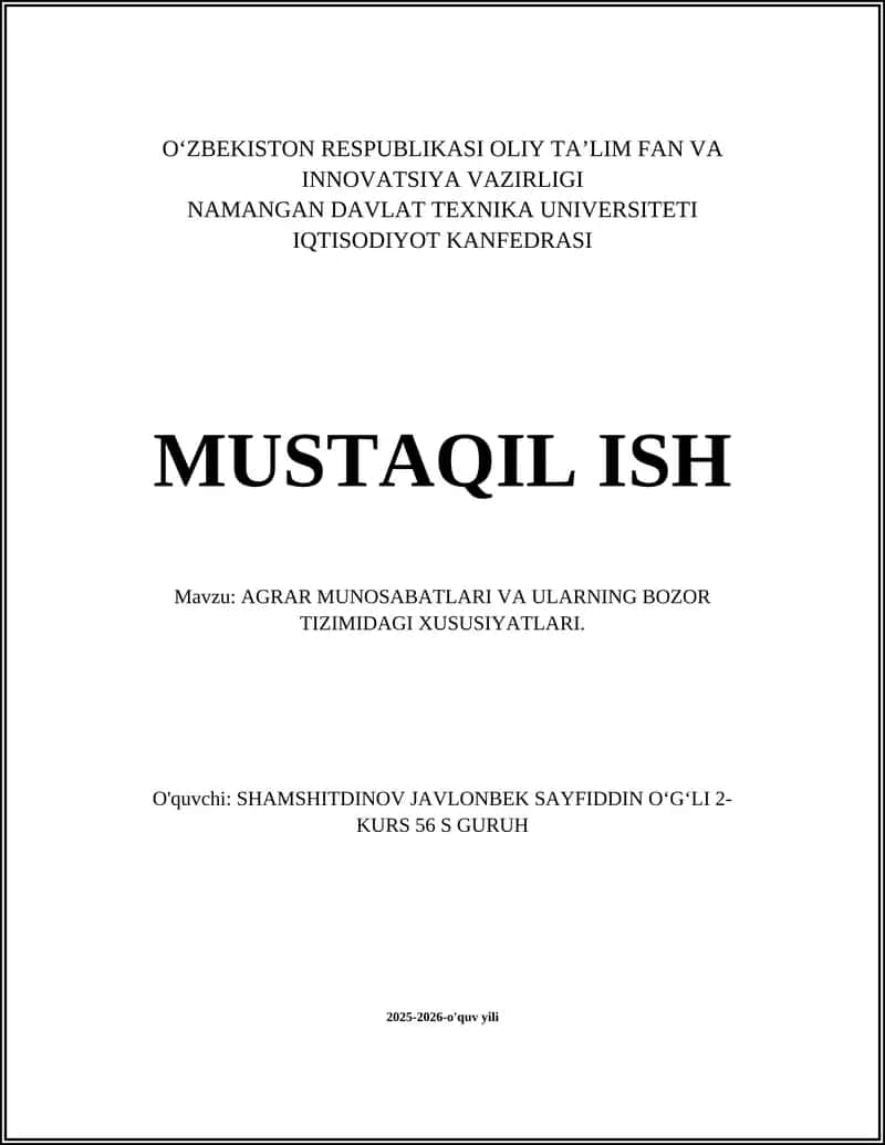 AGRAR MUNOSABATLARI VA ULARNING BOZOR TIZIMIDAGI XUSUSIYATLARI