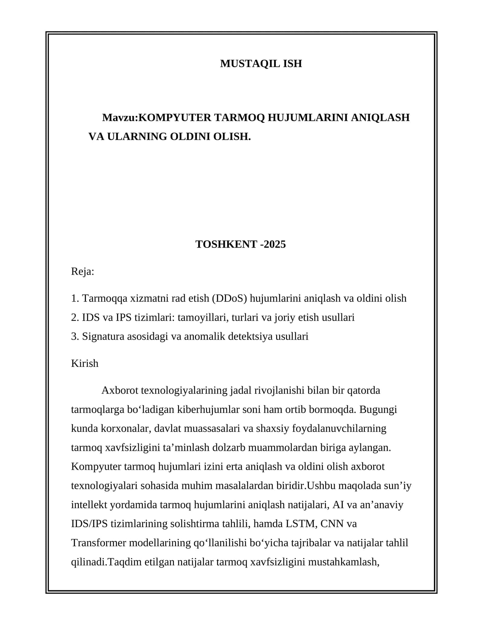 KOMPYUTER TARMOQ HUJUMLARINI ANIQLASH VA ULARNING OLDINI OLISH
