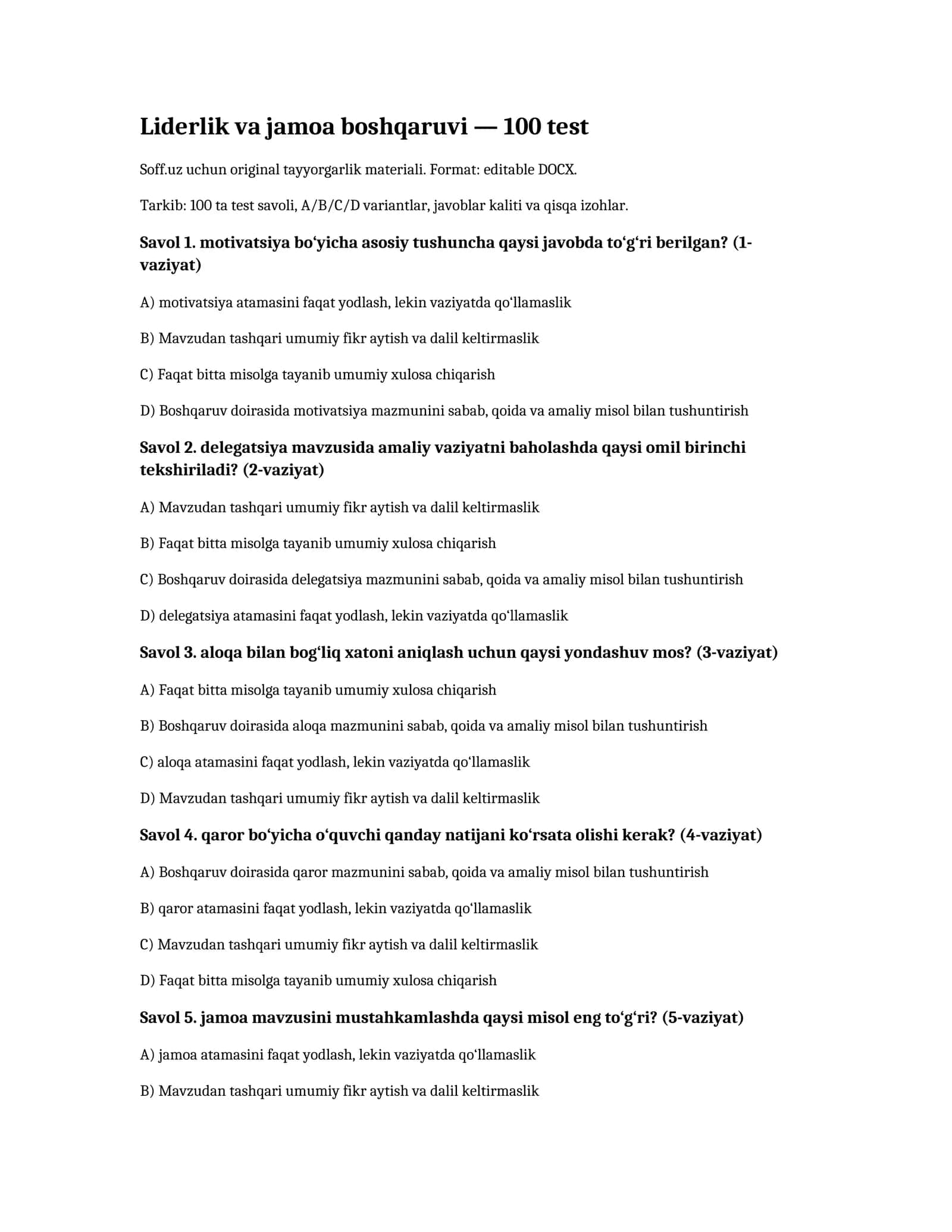 Liderlik va jamoa boshqaruvi — 100 test
