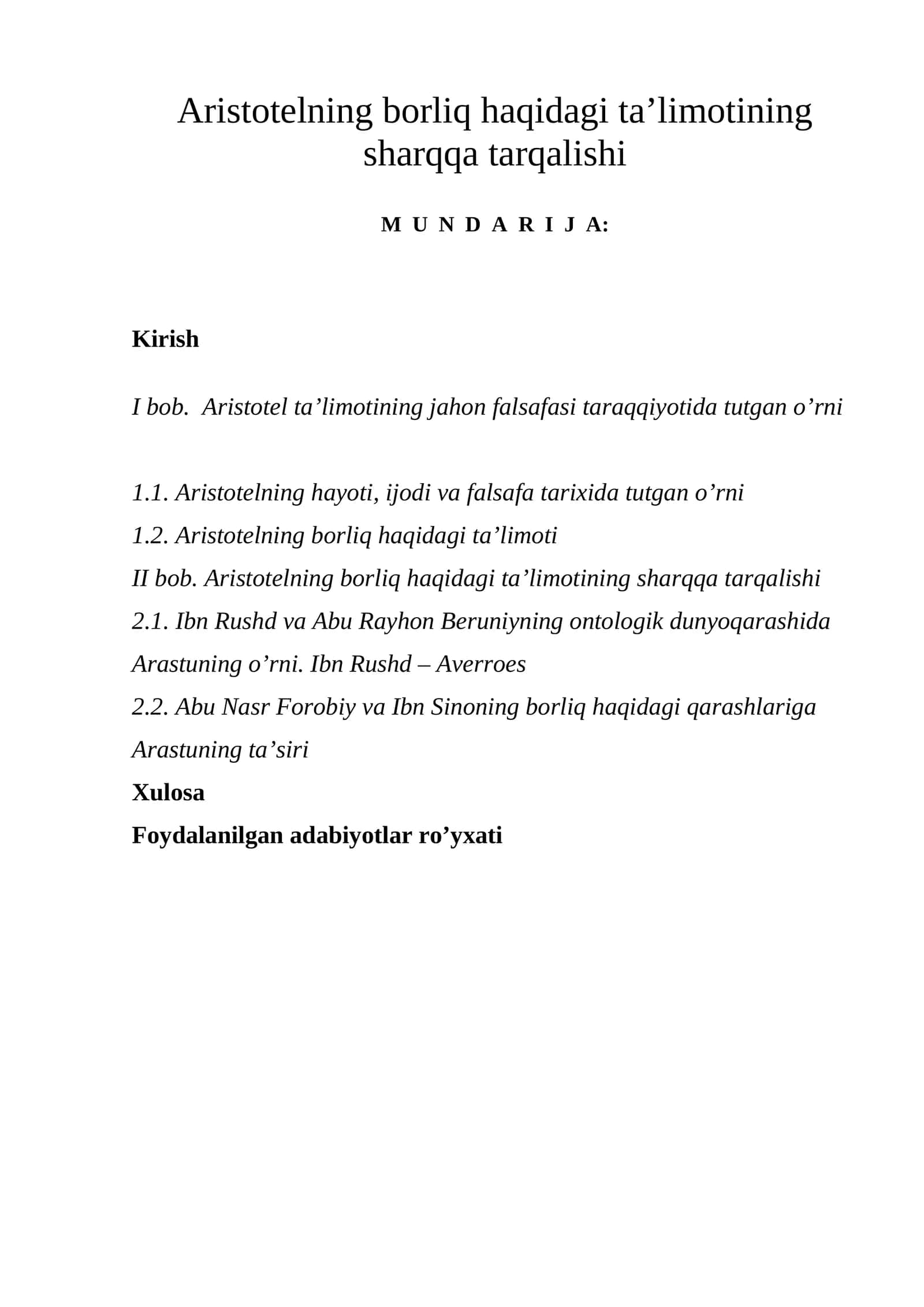 Aristotelning borliq haqidagi ta’limotining sharqqa tarqalishi