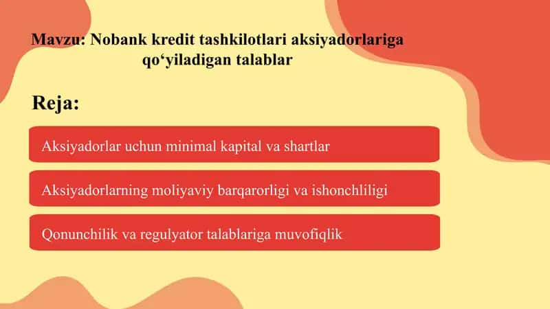 Nobank kredit tashkilotlari aksiyadorlariga qoʻyiladigan talablar
