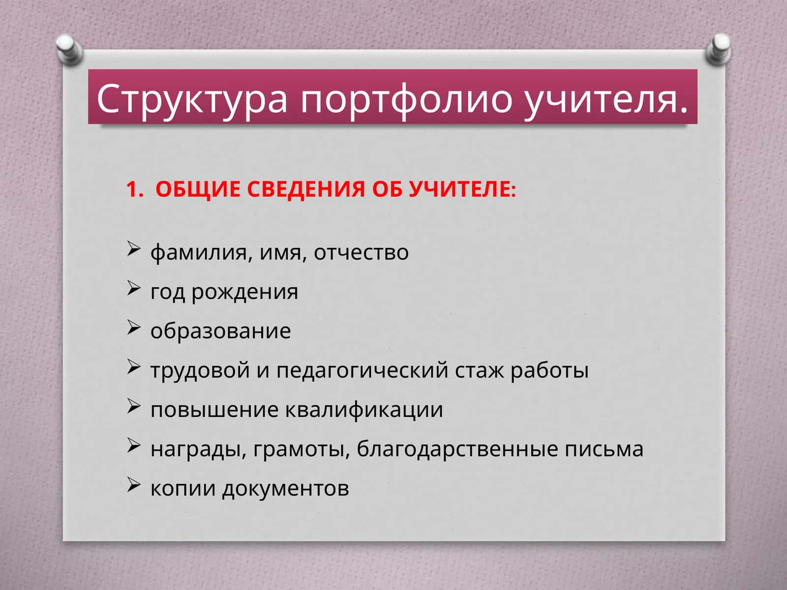 Структура портфолио учителя