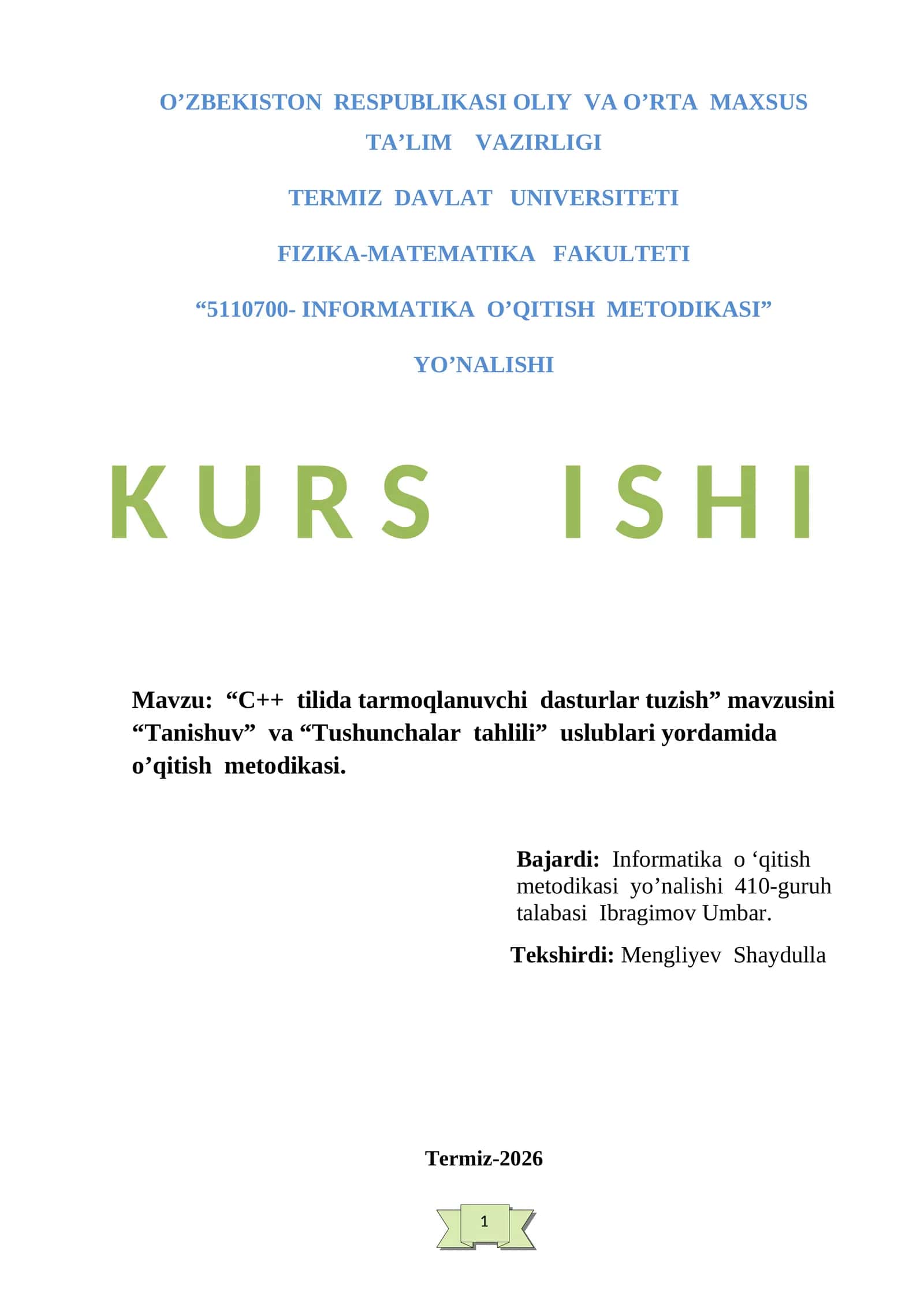 “C++  tilida tarmoqlanuvchi  dasturlar tuzish” mavzusini “Tanishuv”  va “Tushunchalar  tahlili”  uslublari yordamida o’qitish  metodikasi