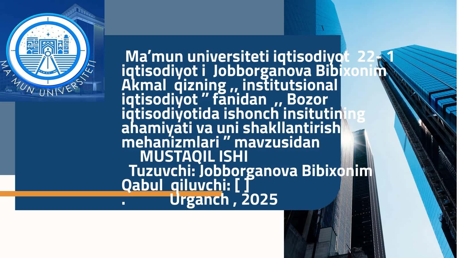 Maʼmun universiteti iqtisodiyot 22- 1 iqtisodiyot i Jobborganova Bibixonim Akmal qizning,, institutsional iqtisodiyot ʼʼ fanidan,, Bozor iqtisodiyotida ishonch insitutining ahamiyati va uni shakllantirish mehanizmlari ʼʼ