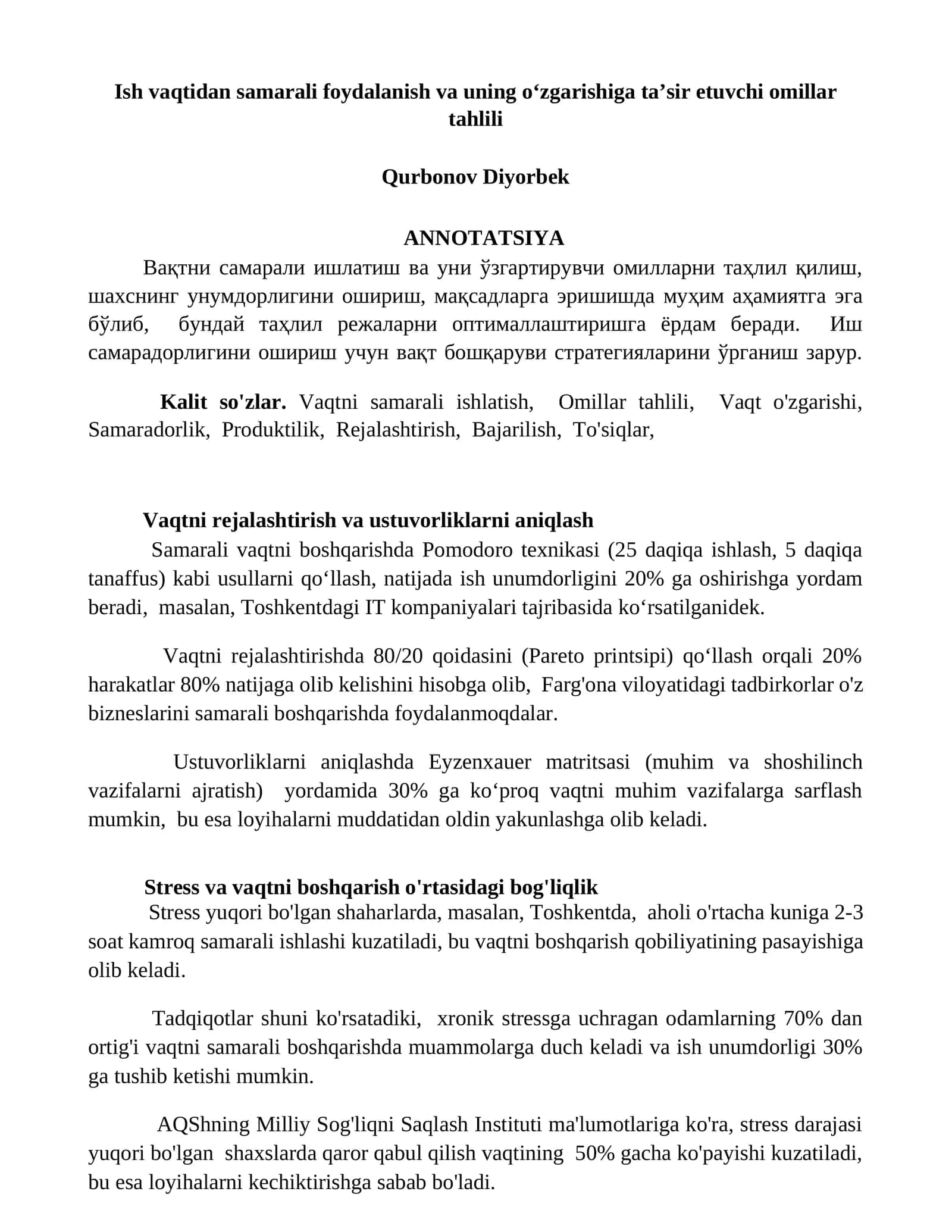 Vaqtni samarali ishlatish va uning o‘zgarishiga ta’sir etuvchi omillar tahlili