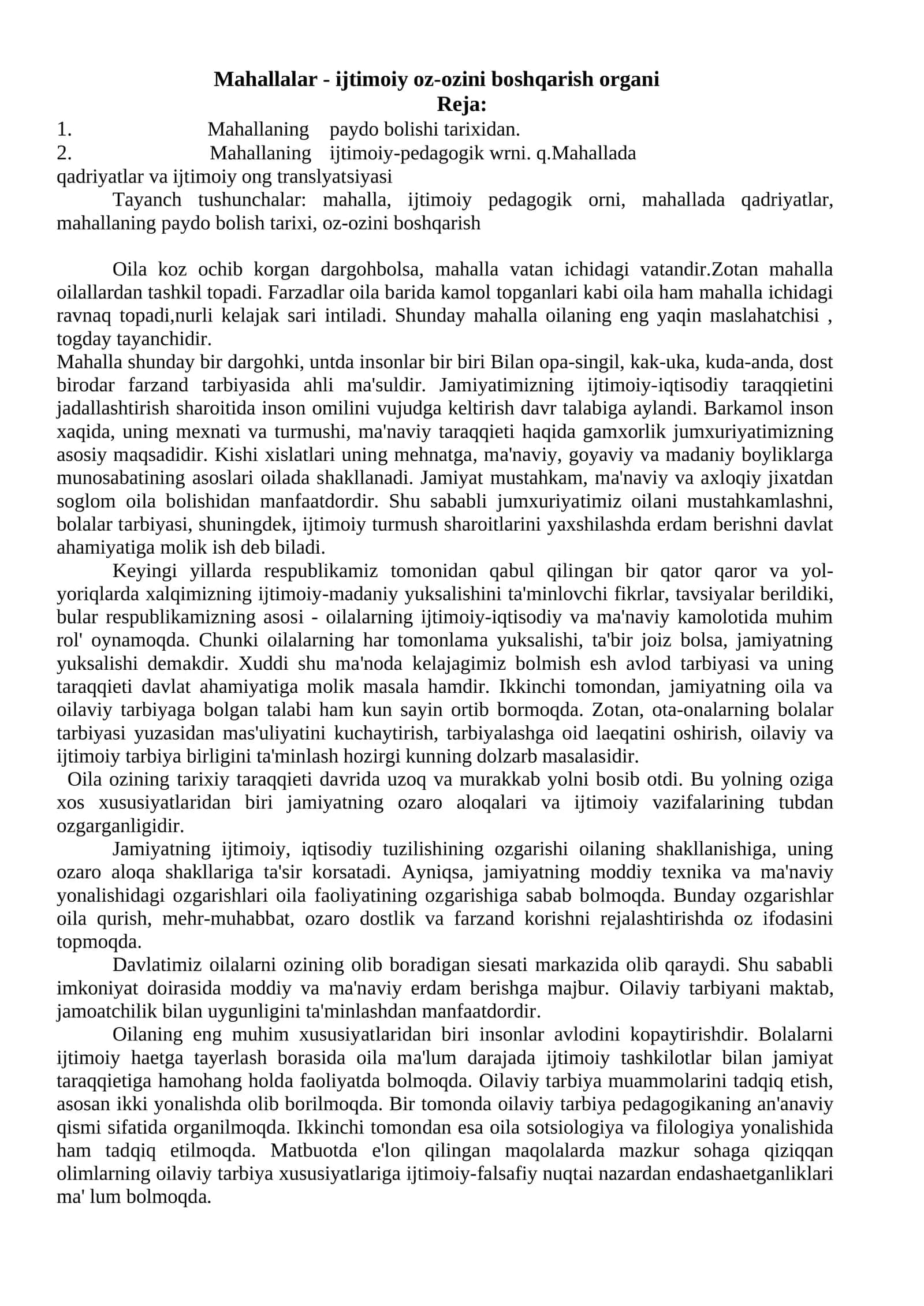 Mahallalar - ijtimoiy oz-ozini boshqarish organi