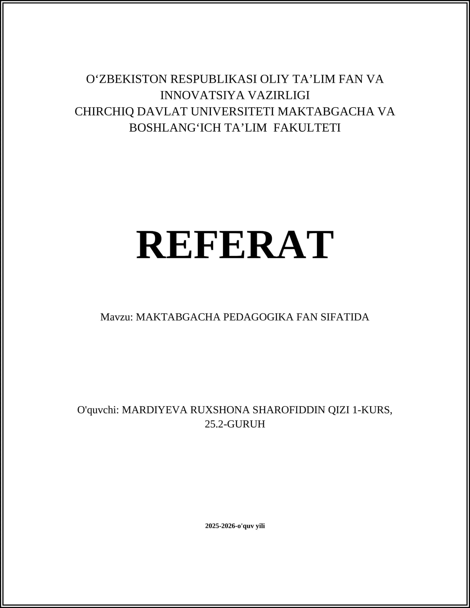 MAKTABGACHA PEDAGOGIKA FAN SIFATIDA