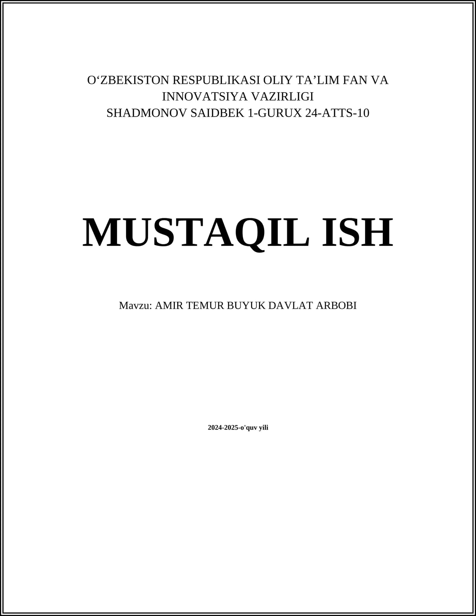 AMIR TEMUR BUYUK DAVLAT ARBOBI