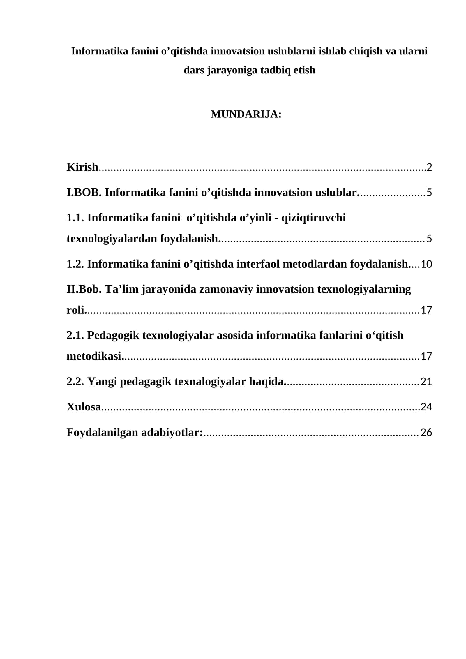 Informatika fanini o’qitishda innovatsion uslublarni ishlab chiqish va ularni dars jarayoniga tadbiq etish