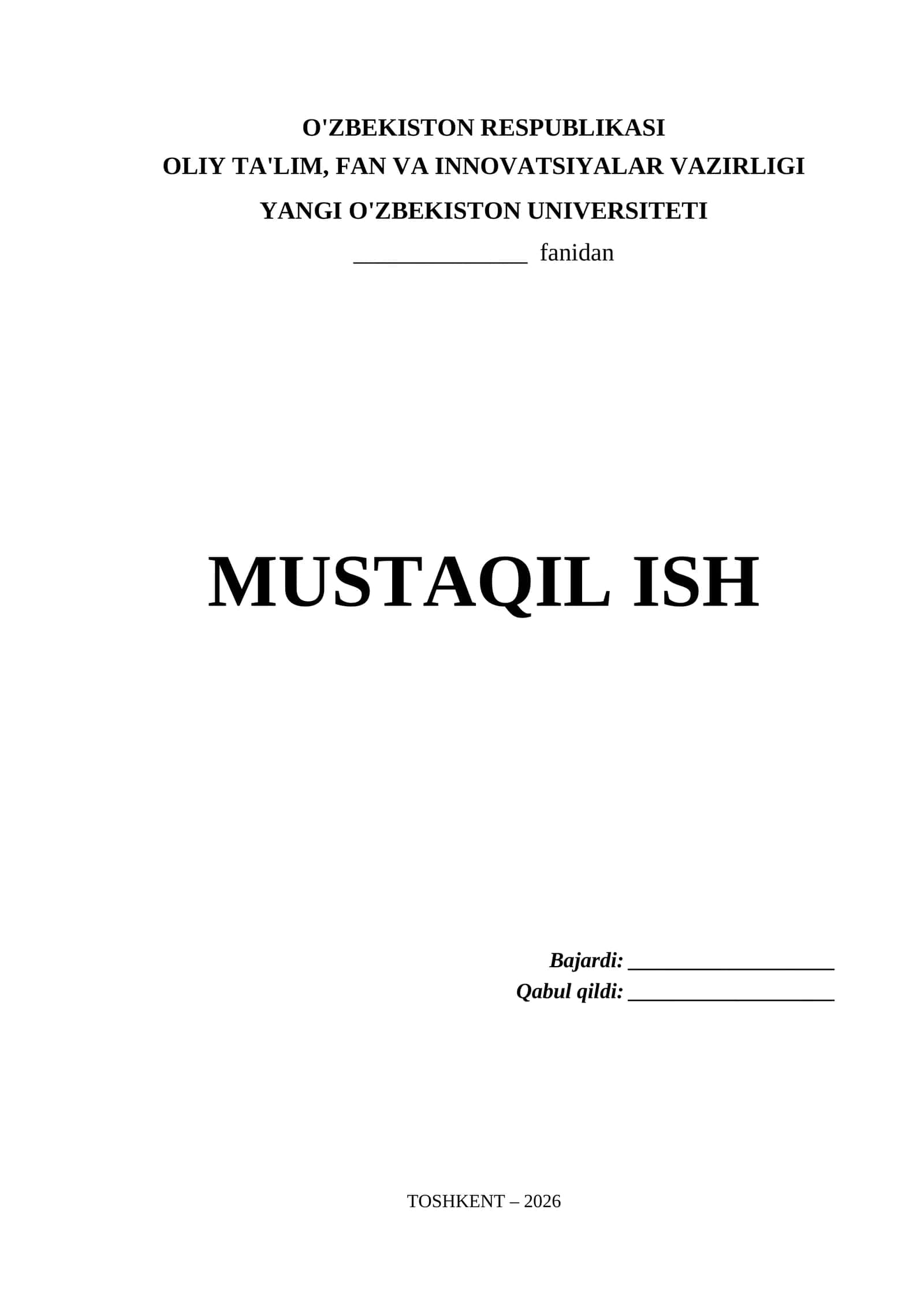 Yangi O'zbekiston Universiteti Mustaqil Ish Titul Varaq (.docx)