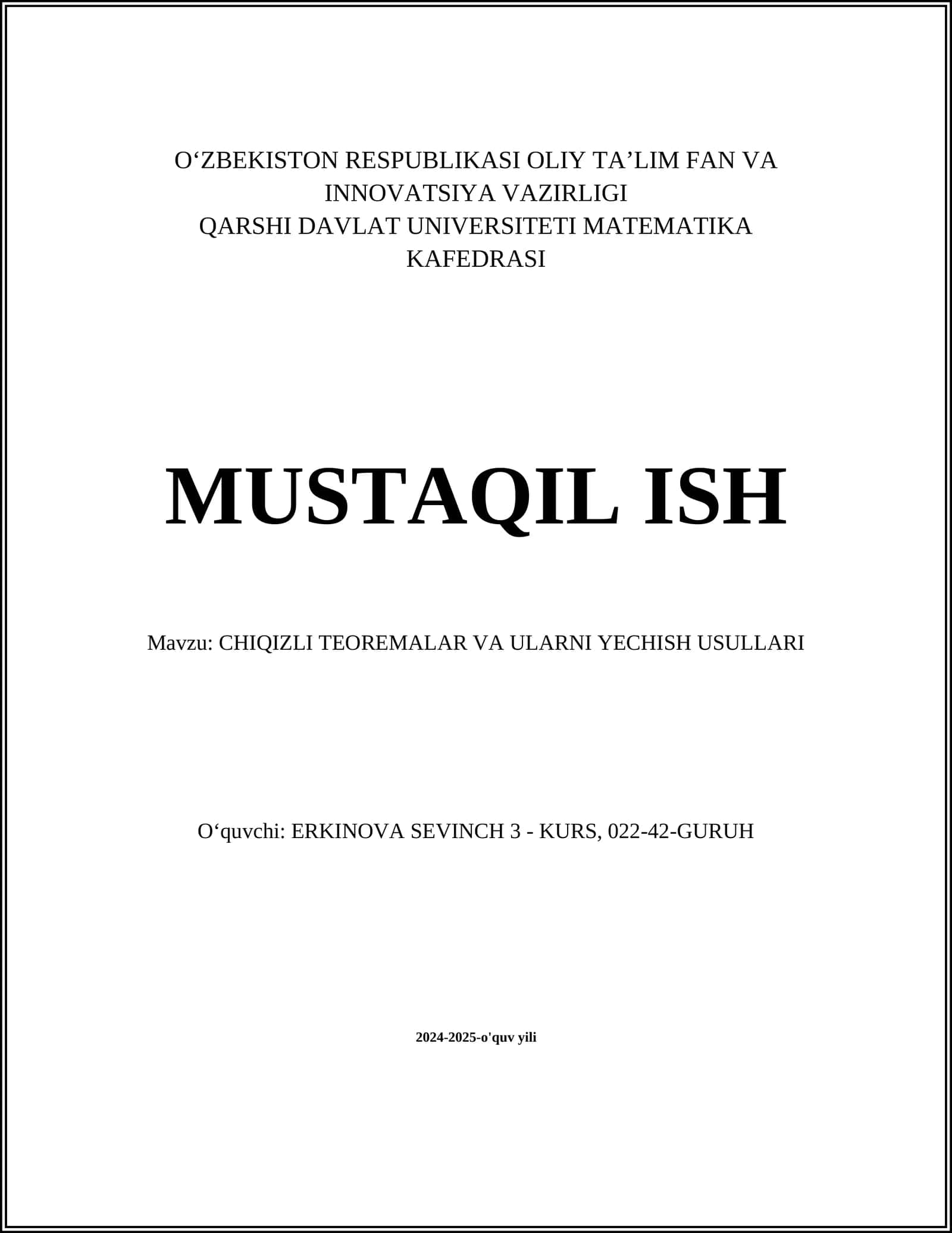 CHIQIZLI TEOREMALAR VA ULARNI YECHISH USULLARI