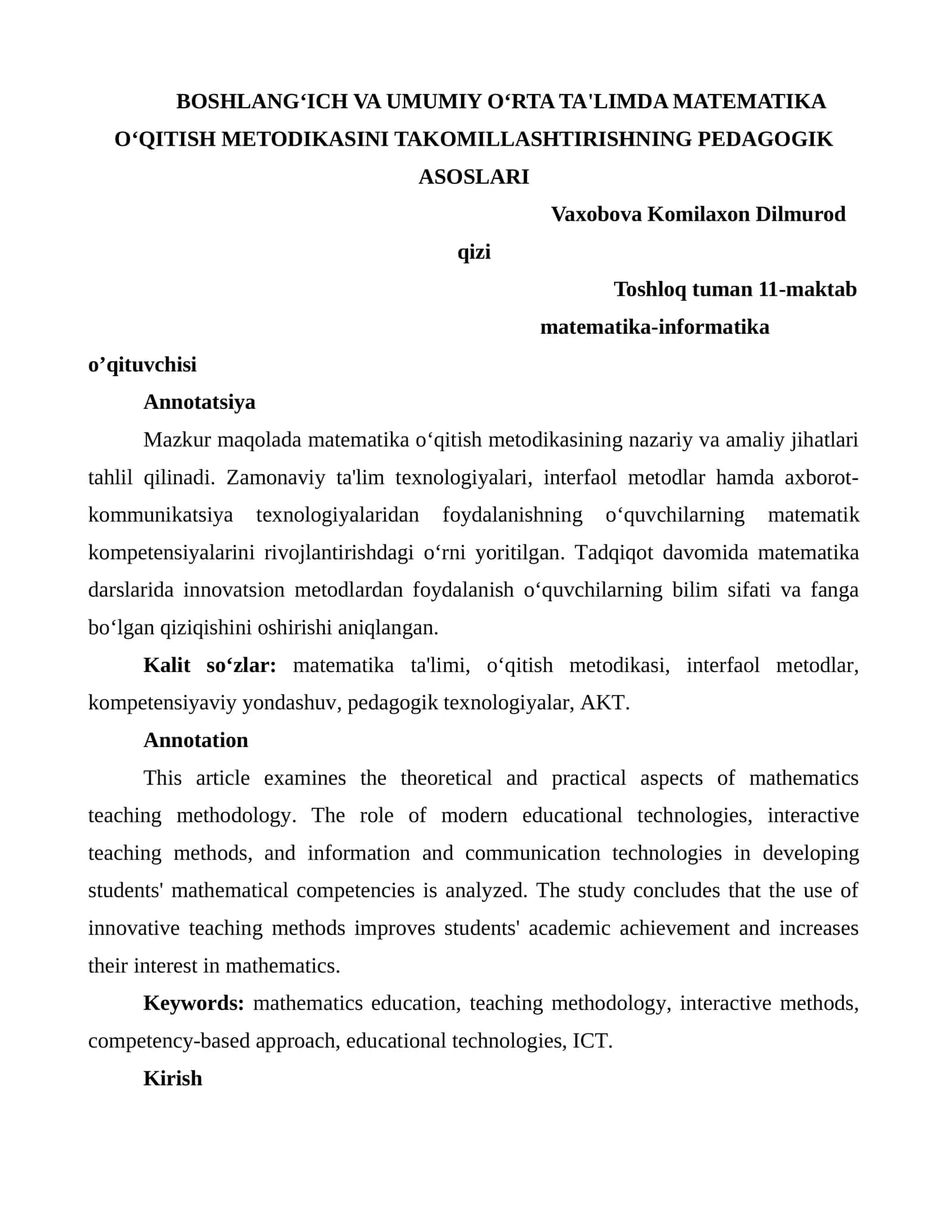 BOSHLANG‘ICH VA UMUMIY O‘RTA TA'LIMDA MATEMATIKA O‘QITISH METODIKASINI TAKOMILLASHTIRISHNING PEDAGOGIK ASOSLARI