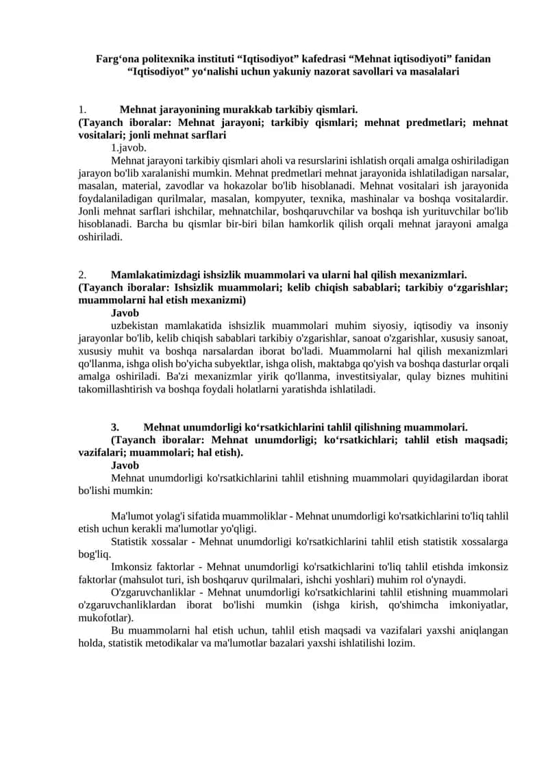 “Iqtisodiyot” yo‘nalishi uchun yakuniy nazorat savollari va masalalari