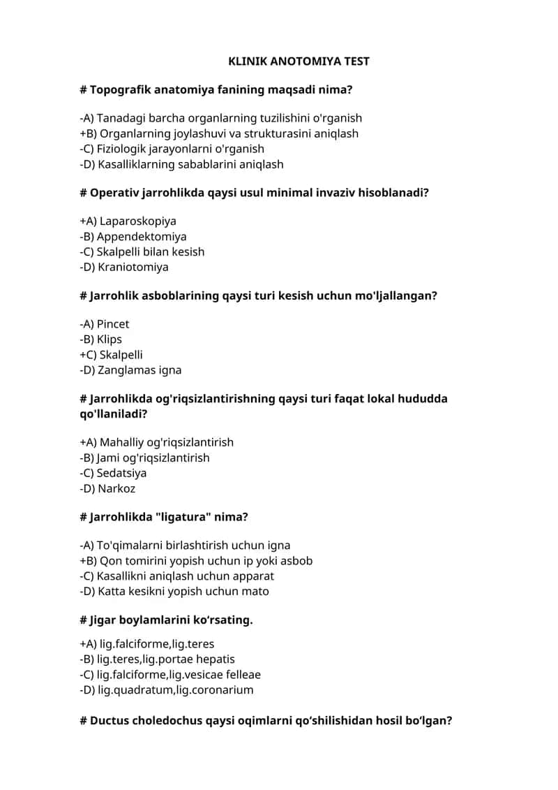Operativ xirurgiya, Klinik anatomiya test, Davolash, Pediatriya, Stomatologiya, Farmatsiya, Oliy hamshiralik yo'nalishi uchun