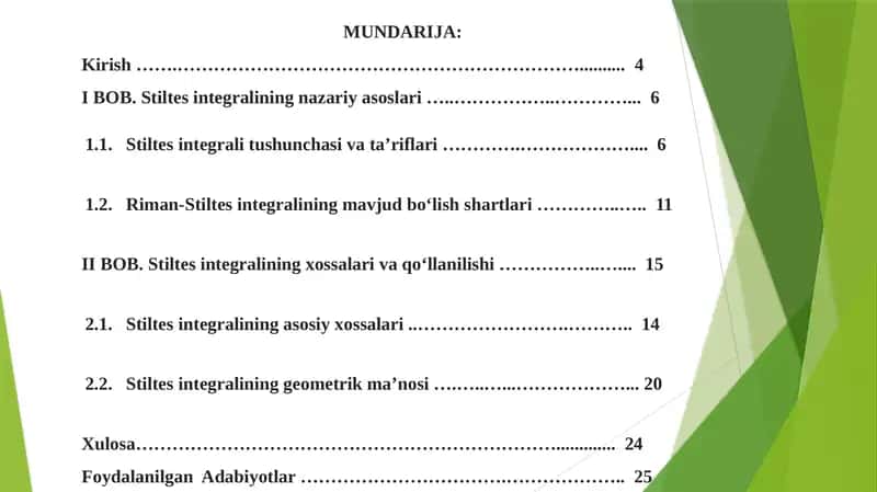 Stiltes integralining nazariy asoslari