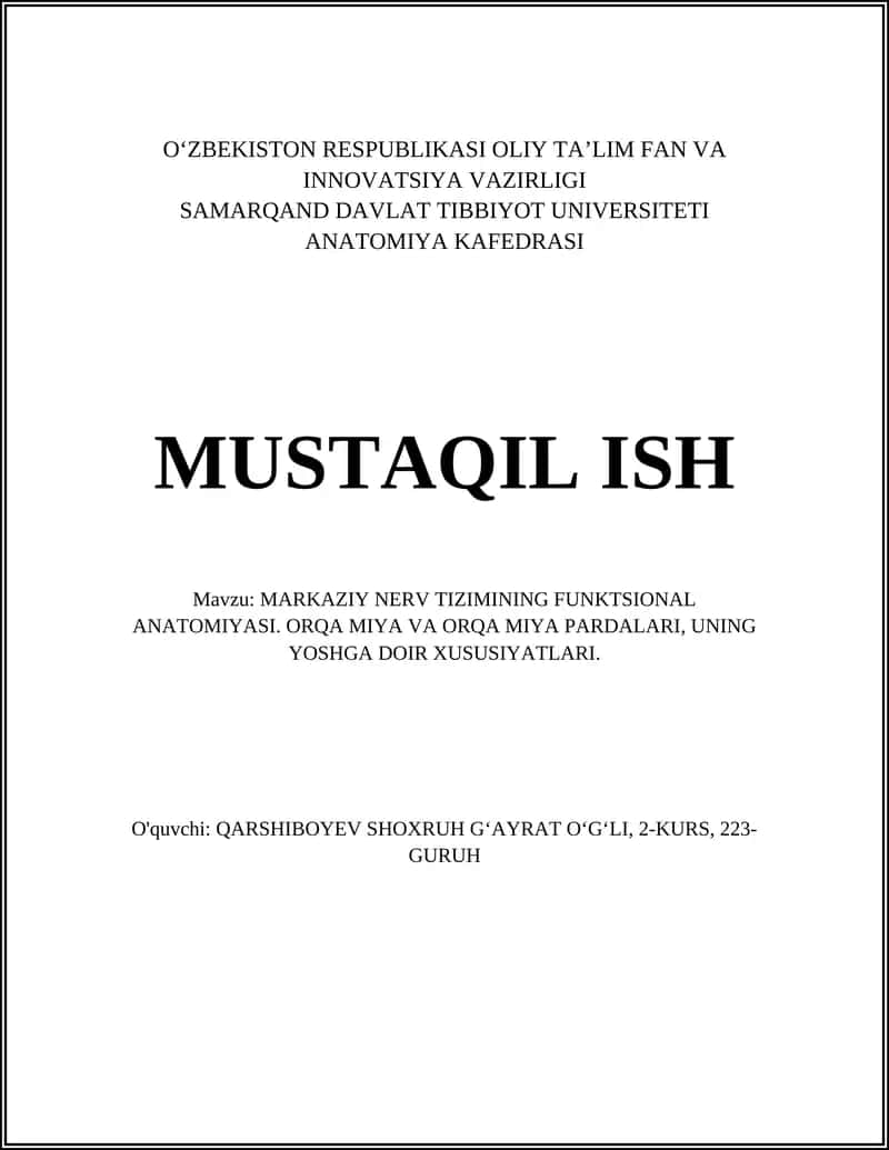 MARKAZIY NERV TIZIMINING FUNKTSIONAL ANATOMIYASI