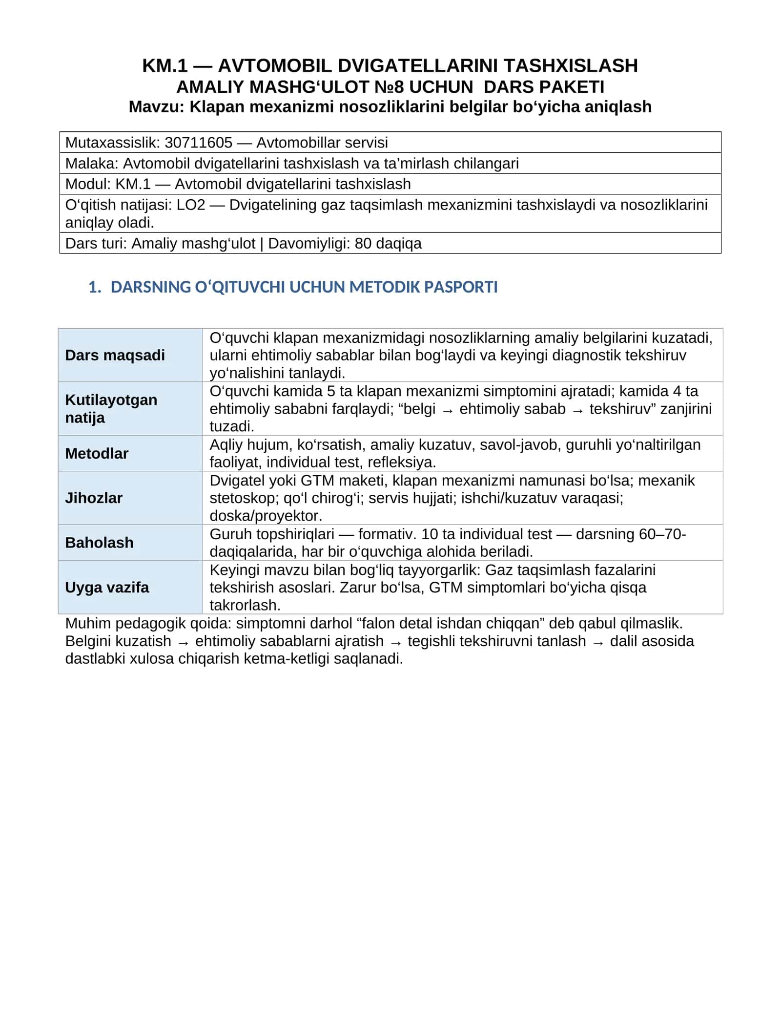 KM.1 — AVTOMOBIL DVIGATELLARINI TASHXISLASH. Amaliy_8_Klapan_mexanizmi_nosozliklarini_belgilar_boyicha_aniqlash