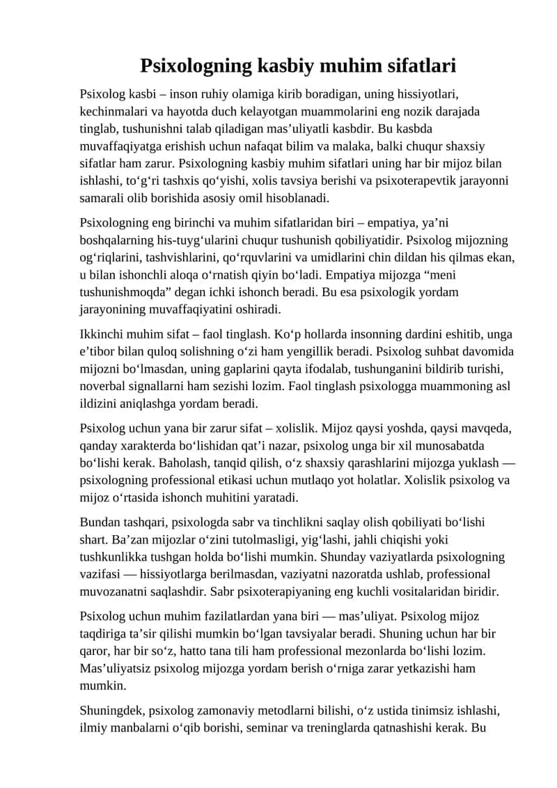 Psixologning kasbiy muhim sifatlari