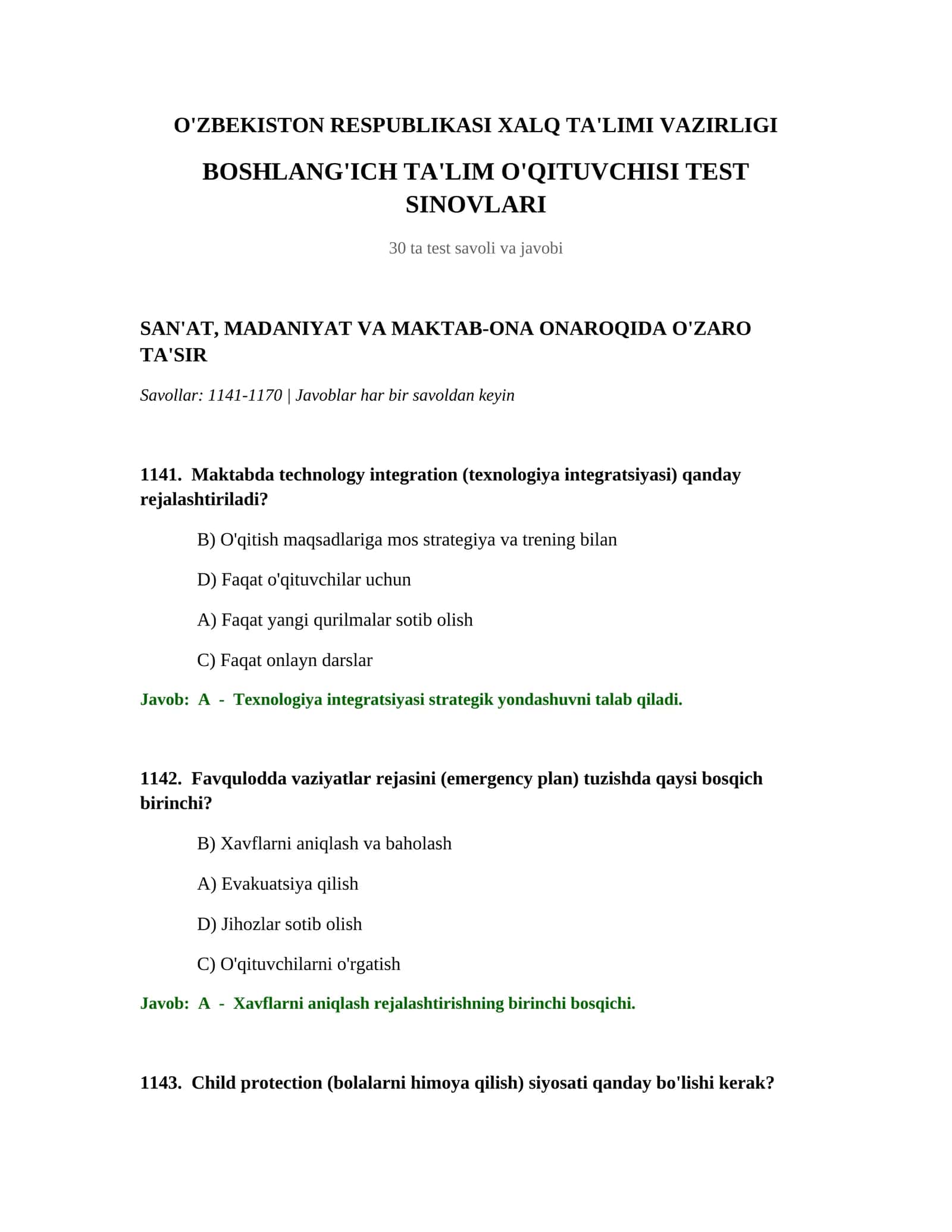 BOSHLANG'ICH TA'LIM O'QITUVCHISI TEST SINOVLARI