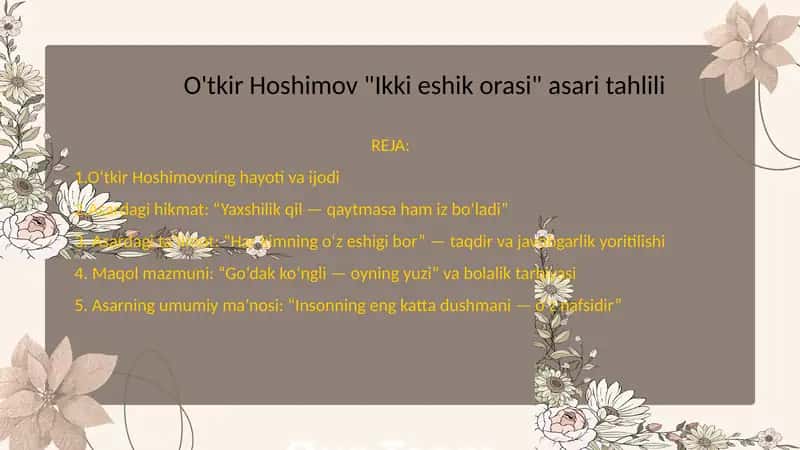 O‘tkir Hoshimovning "Ikki eshik orasi" asari tahlili