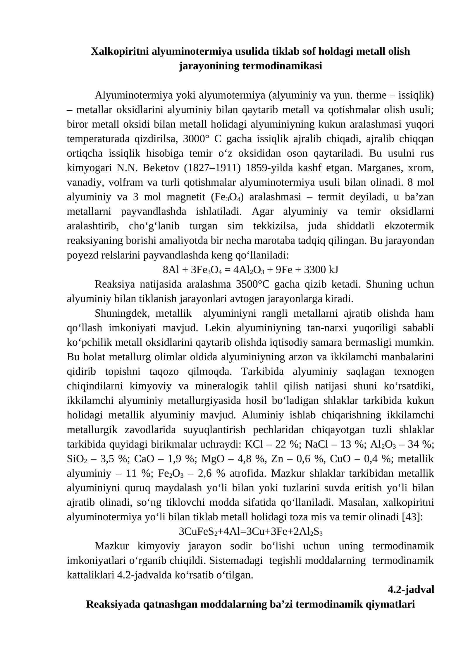 Xalkopiritni alyuminotermiya usulida parchalash termodinamikasi