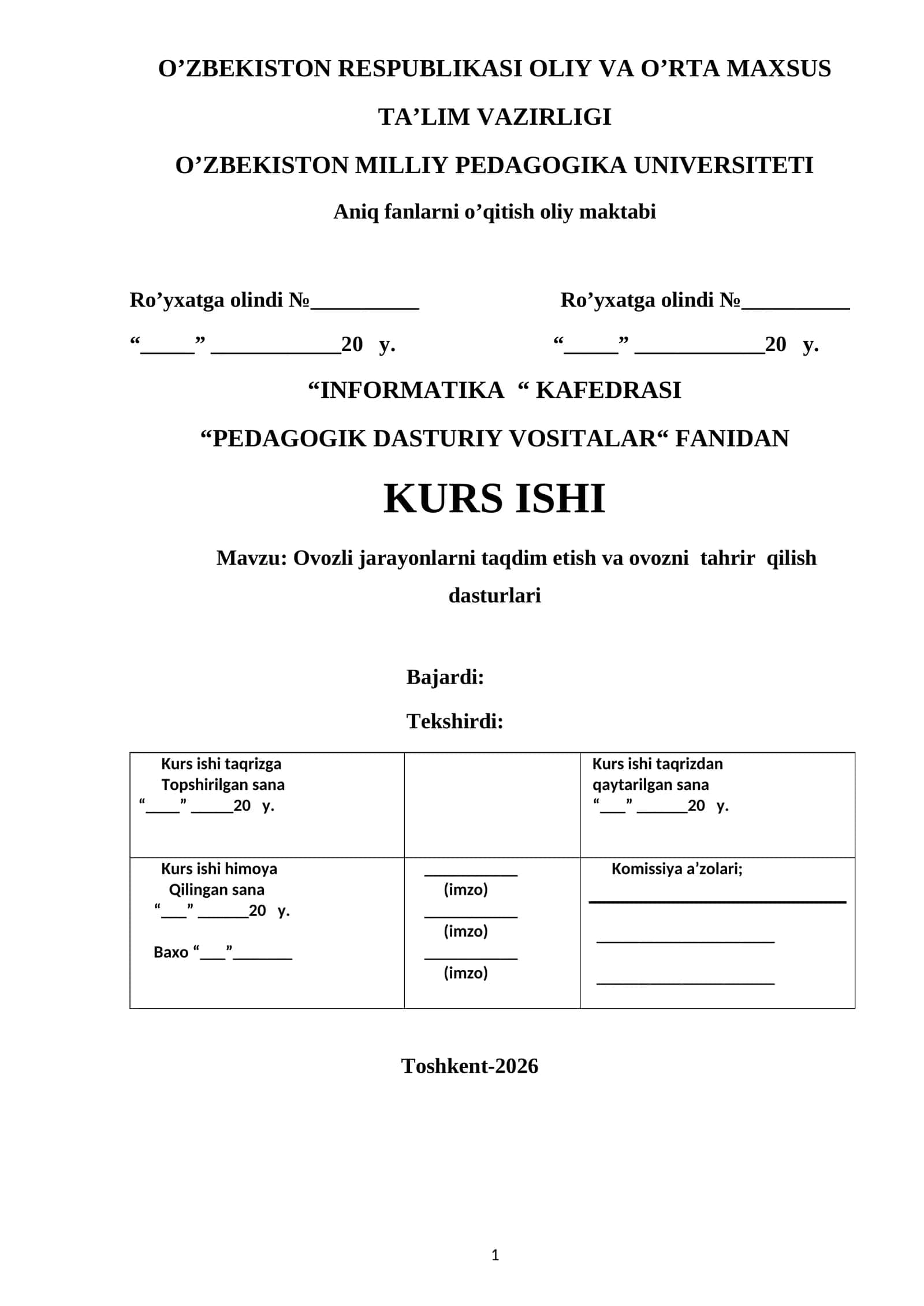 KURS ISHI: Ovozli jarayonlarni taqdim etish va ovozni tahrir qilish dasturlari