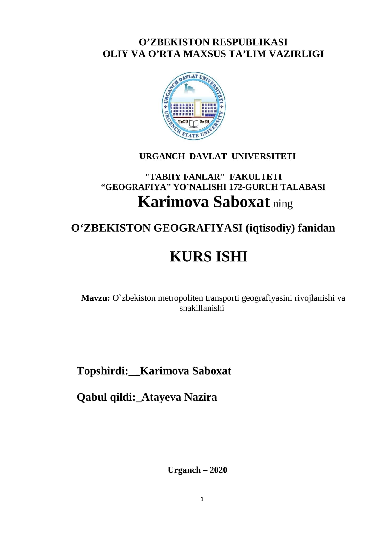 O'zbekiston metropoliten transporti geografiyasini rivojlanishi va shakillanishi