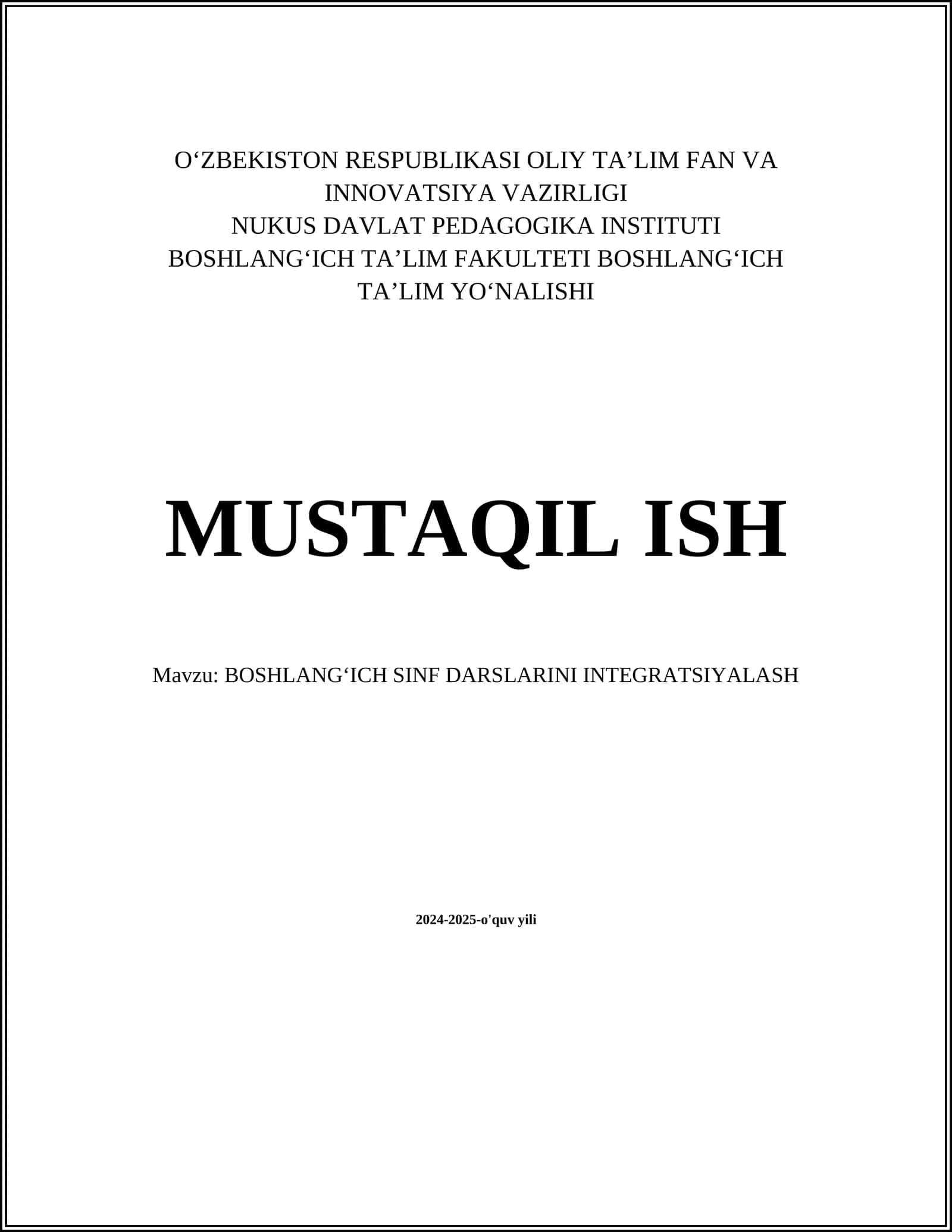 BOSHLANGʻICH SINF DARSLARINI INTEGRATSIYALASH