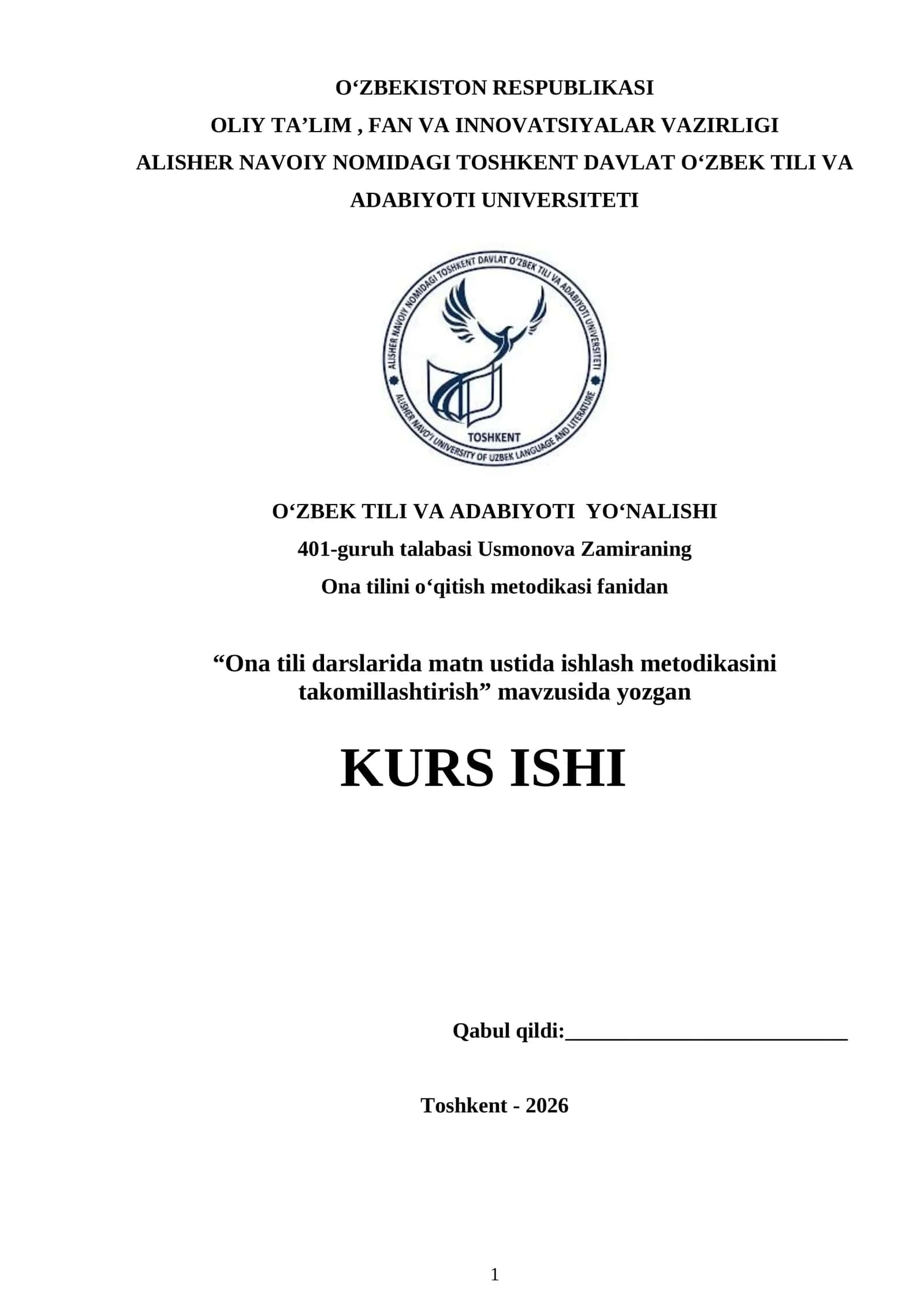 Ona tili darslarida matn ustida ishlash metodikasini takomillashtirish
