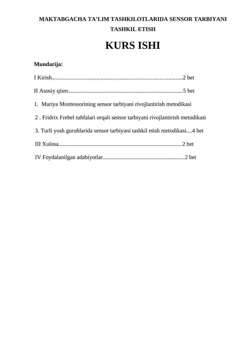 Sensor Tarbiyani Tashkil Etish Kurs Ishi