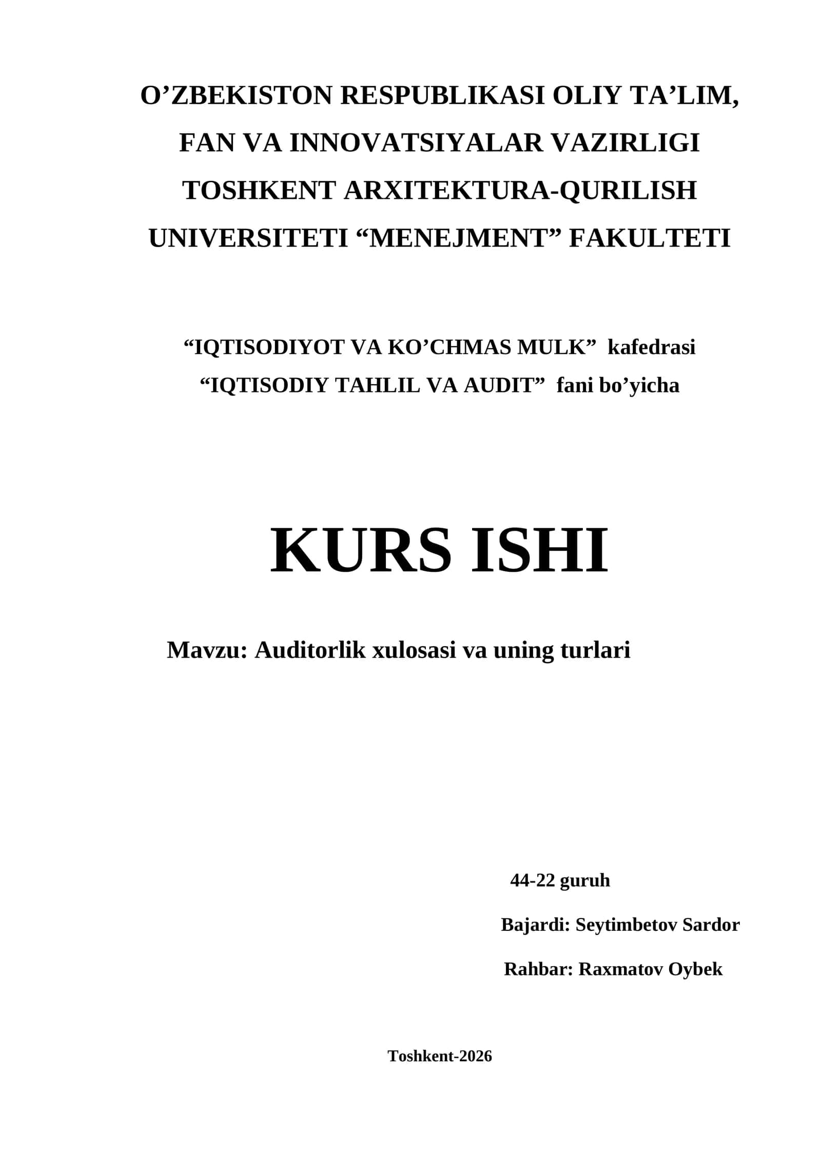 Auditorlik xulosasi va uning turlari