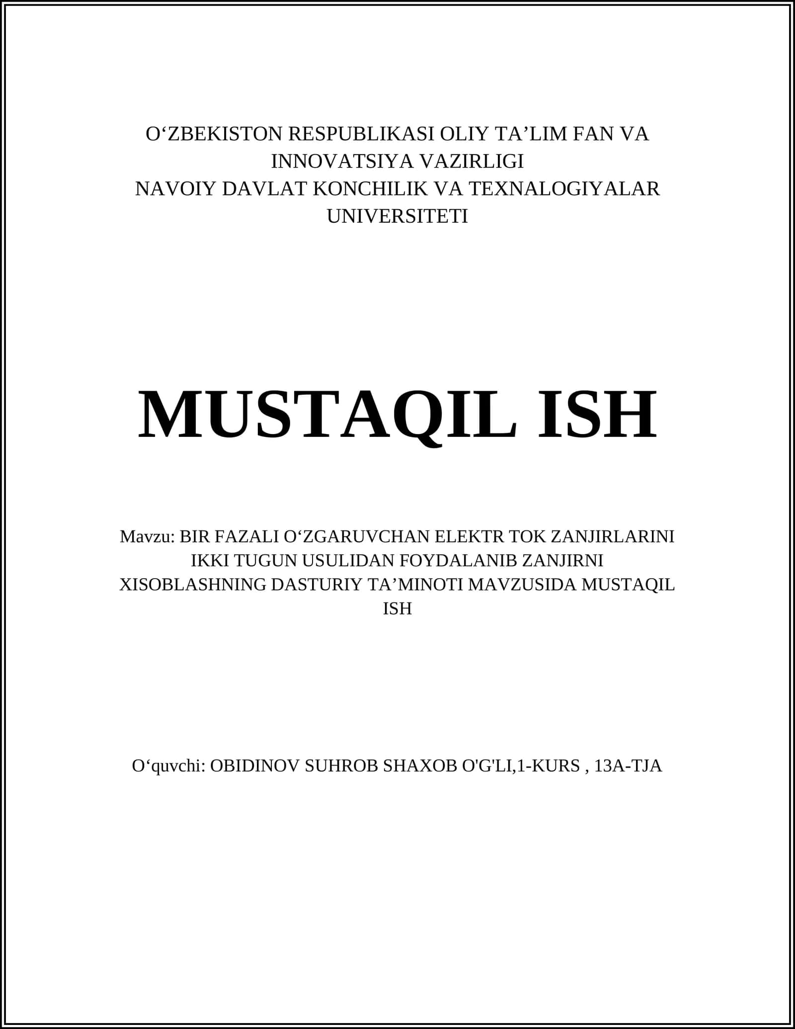 BIR FAZALI OʻZGARUVCHAN ELEKTR TOK ZANJIRLARINI IKKI TUGUN USULIDAN FOYDALANIB ZANJIRNI XISOBLASHNING DASTURIY TAʼMINOTI