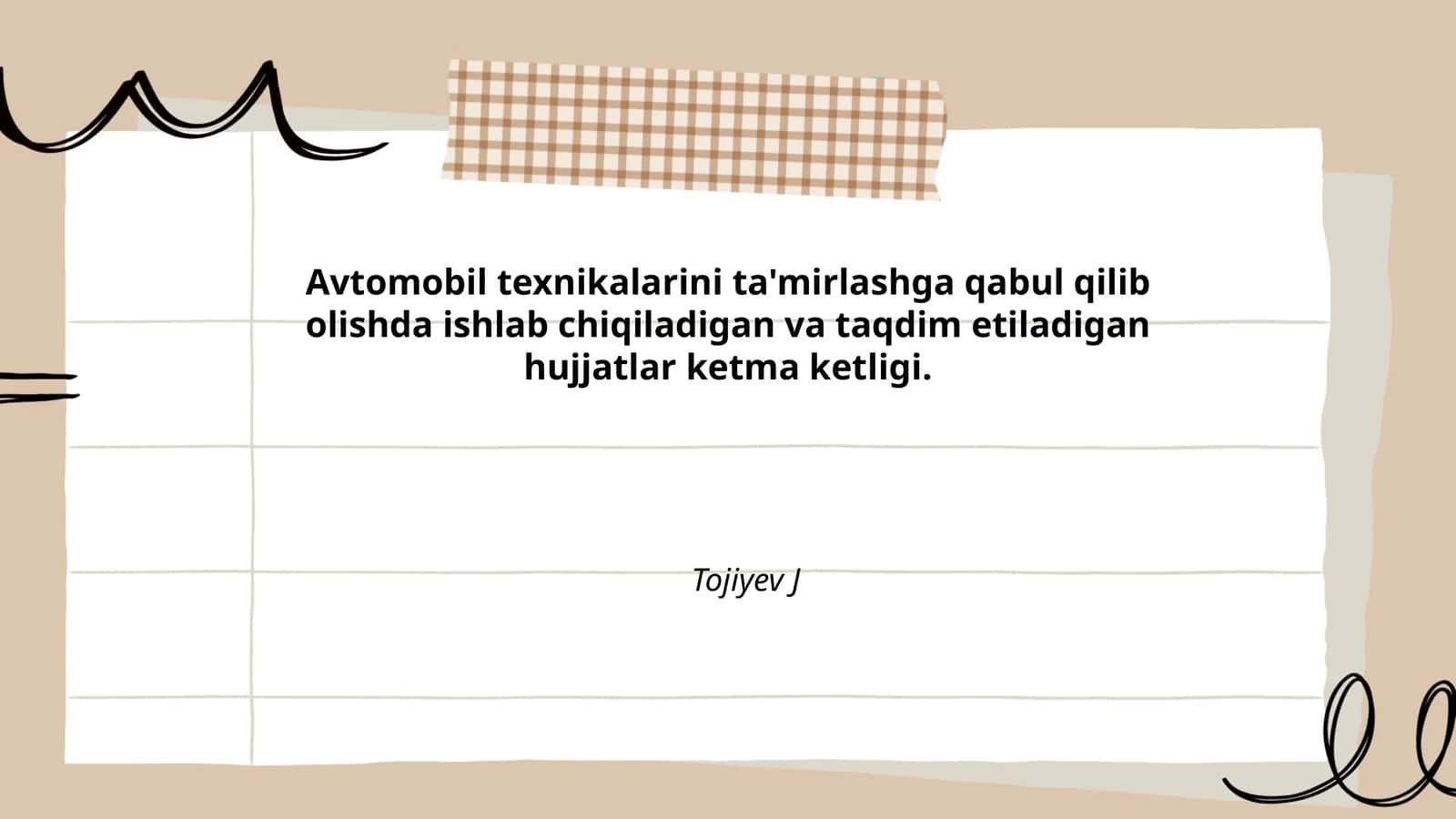 Texnik texnikalari ta'mirlashga qabul qilib olishda ishlab chiqiladigan va taqdim etiladigan hujjatlar ketma ketligi