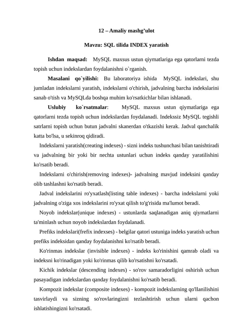 SQL tilida INDEX yaratish
