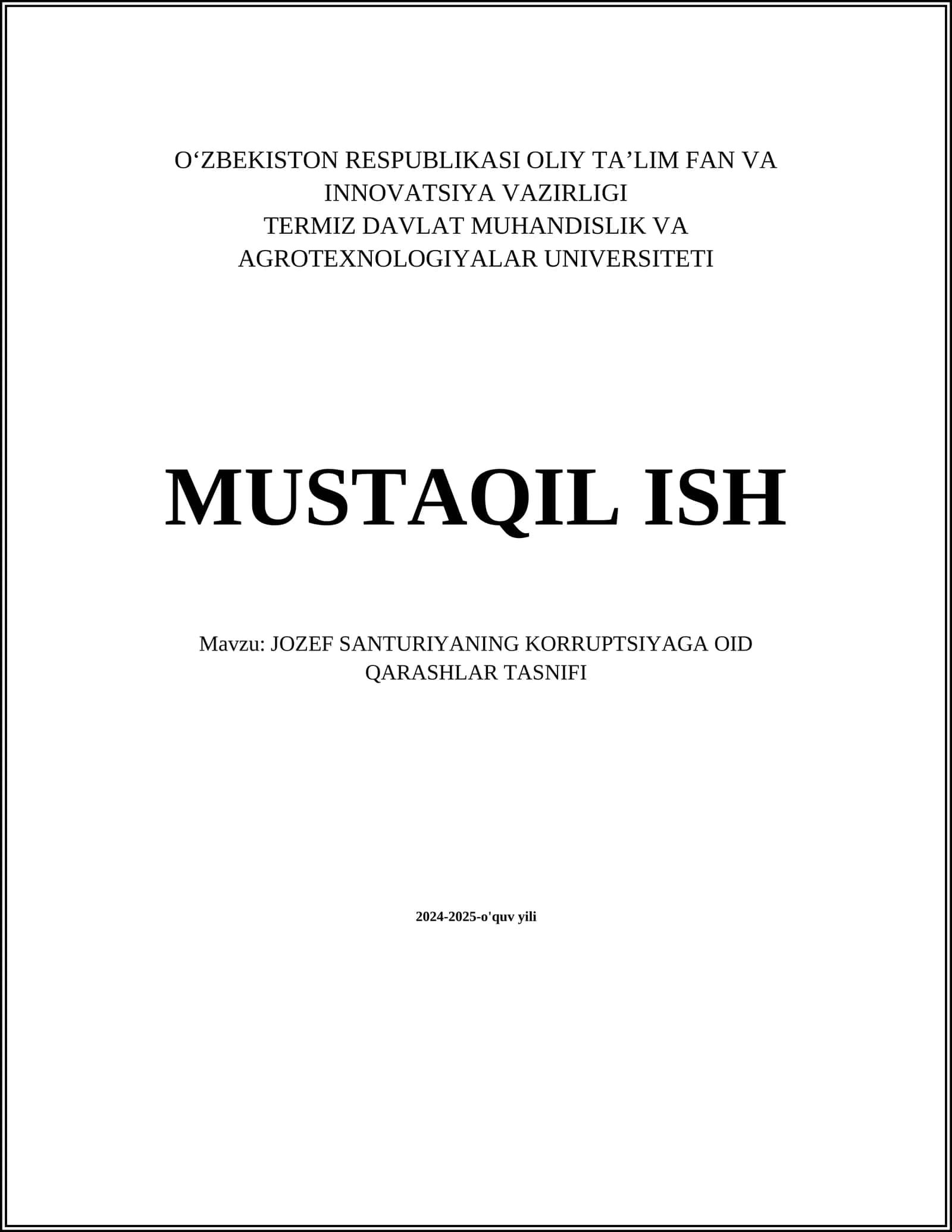 JOZEF SANTURIYANING KORRUPTSIYAGA OID QARASHLAR TASNIFI
