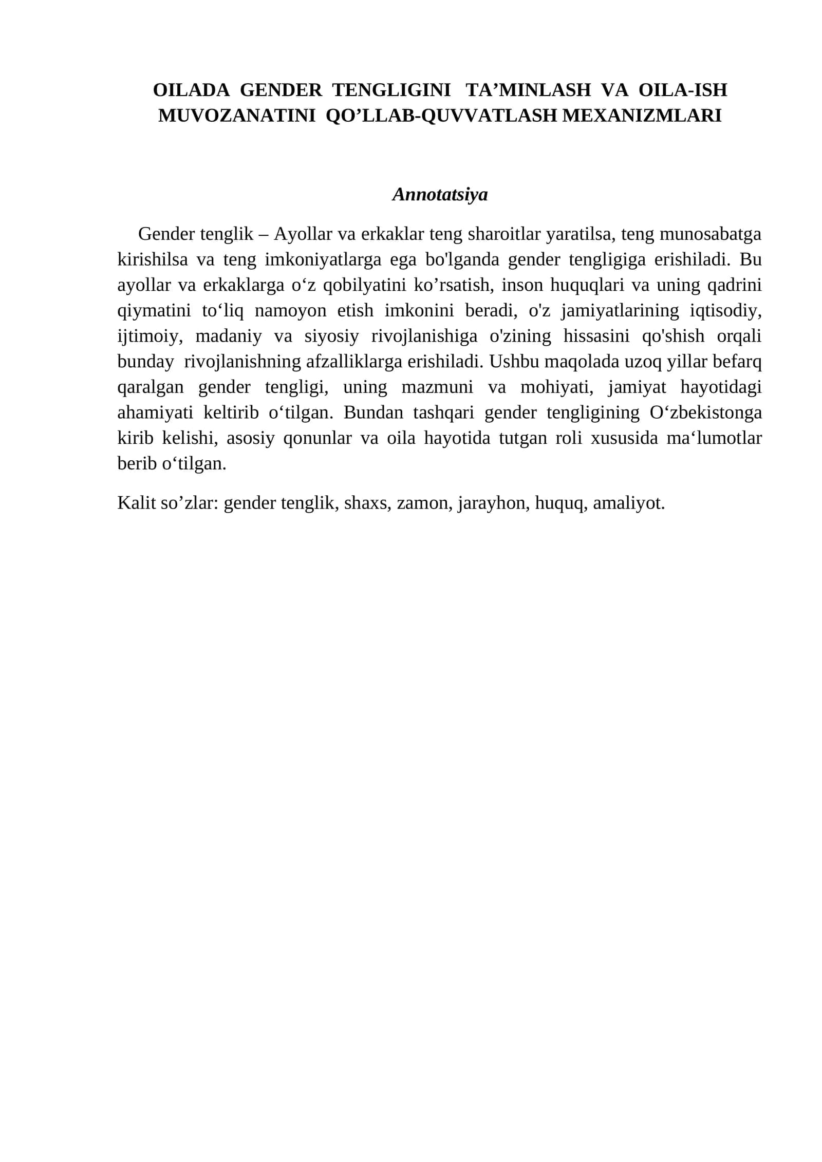 OILADA GENDER TENGLIGINI TA’MINLASH VA OILA-ISH MUVOZANATINI QO’LLAB-QUVVATLASH MEXANIZMLARI
