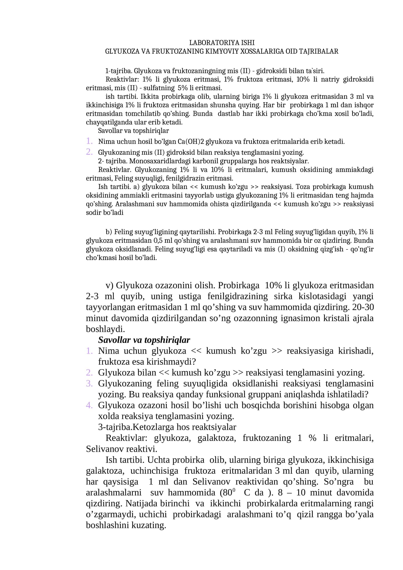 GLYUKOZA VA FRUKTOZANING KIMYOVIY XOSSALARIGA OID TAJRIBALAR