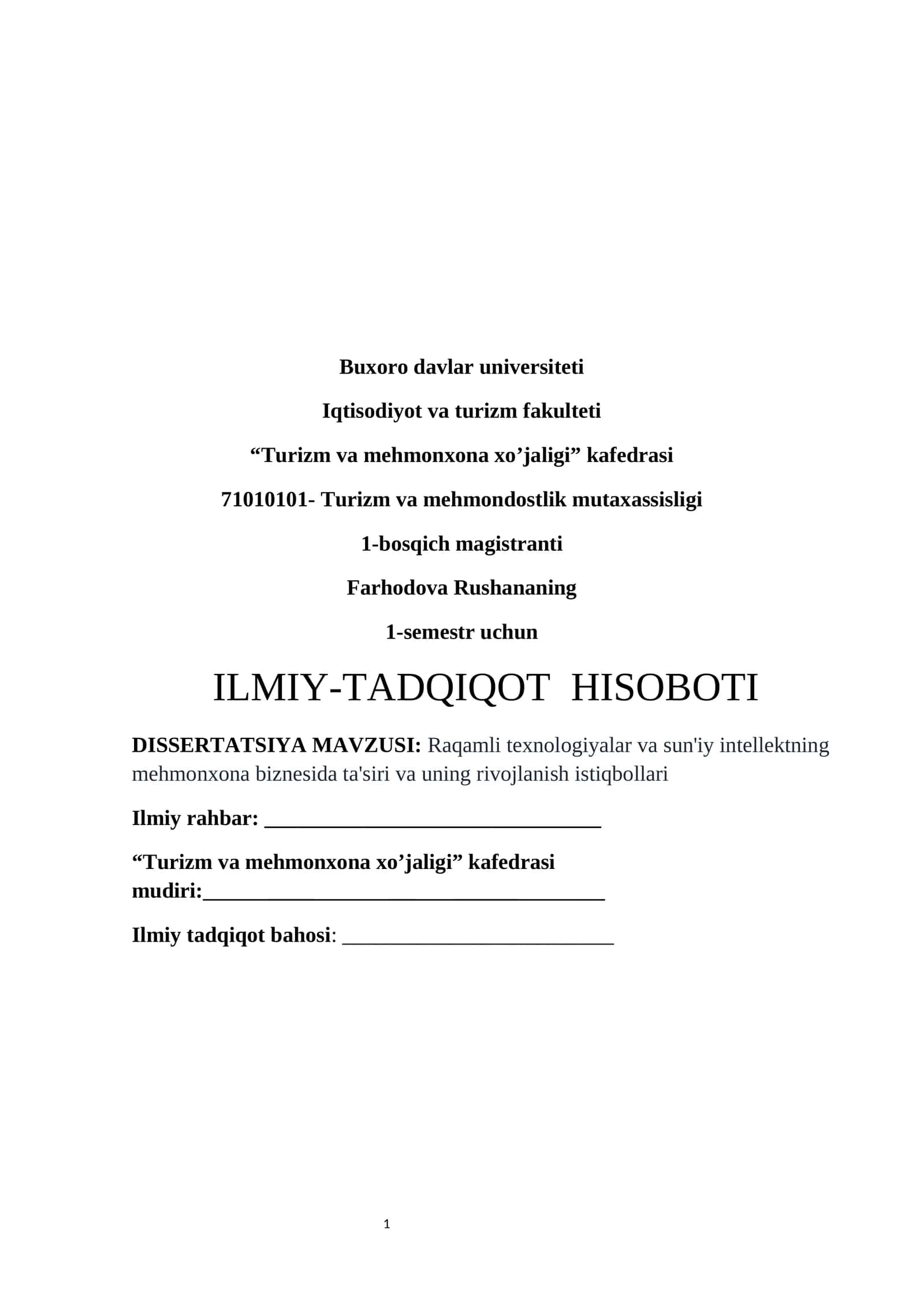 Raqamli texnologiyalar va sun'iy intellektning mehmonxona biznesida ta'siri va uning rivojlanish istiqbollari