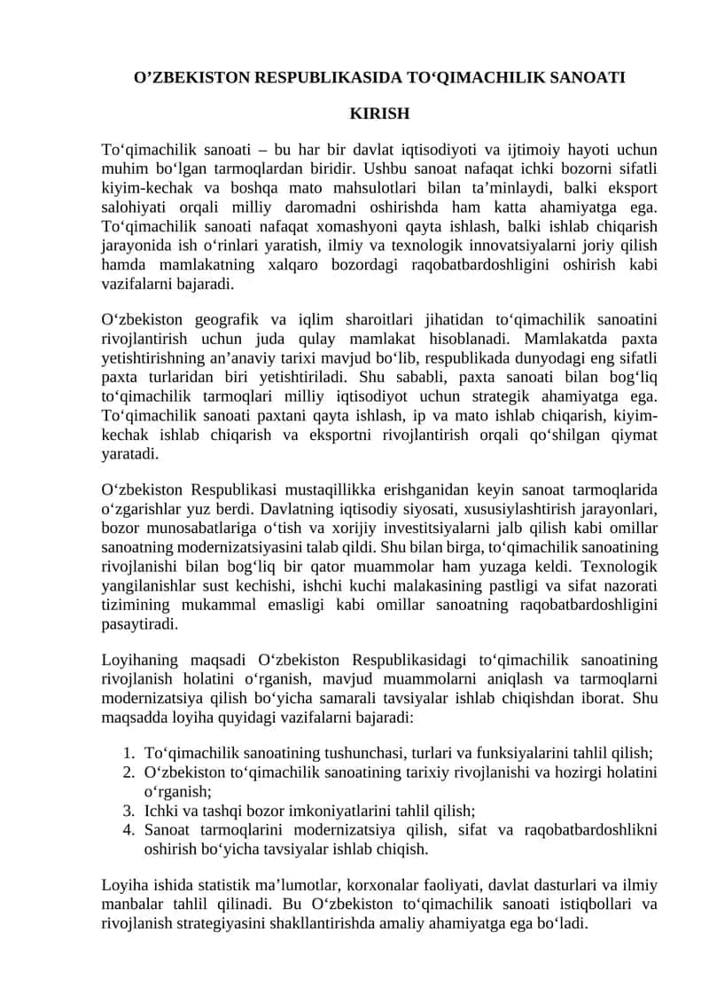 O’ZBEKISTON RESPUBLIKASIDA TO‘QIMACHILIK SANOATI