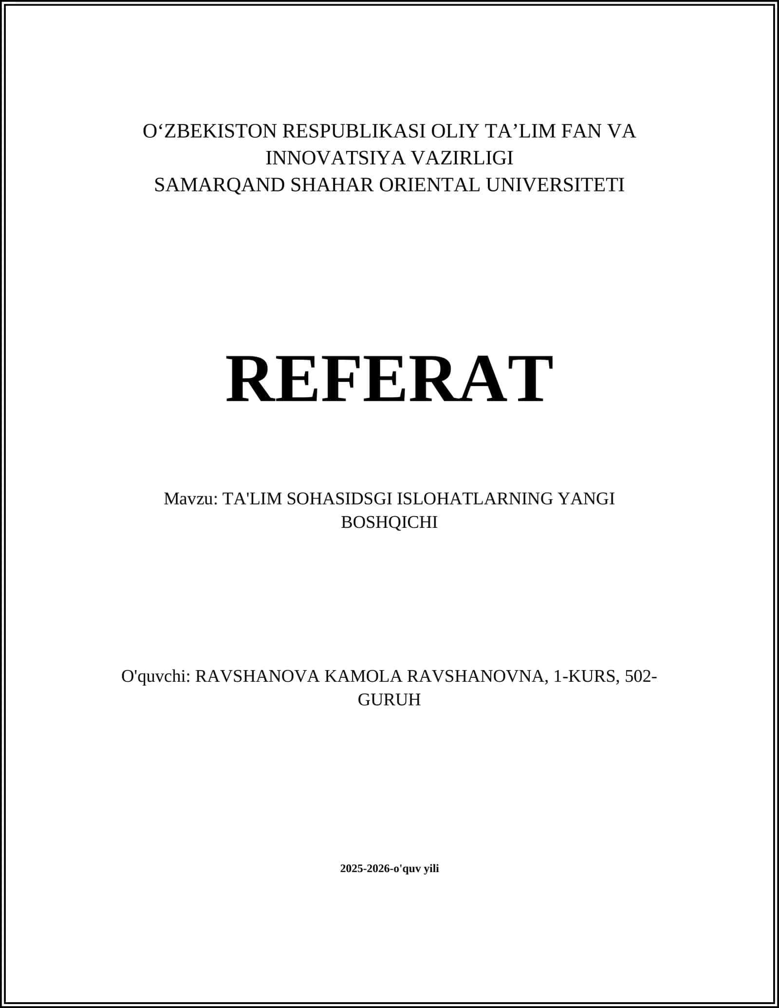 TA'LIM SOHASIDAGI ISLOHATLARNING YANGI BOSHQICHI