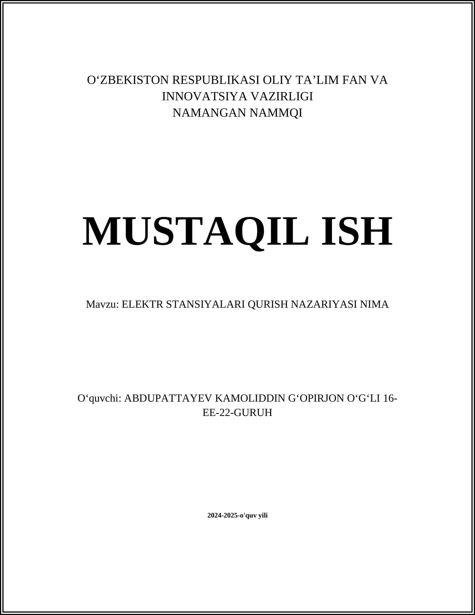 ELEKTR STANSIYALARI QURISH NAZARIYASI NIMA