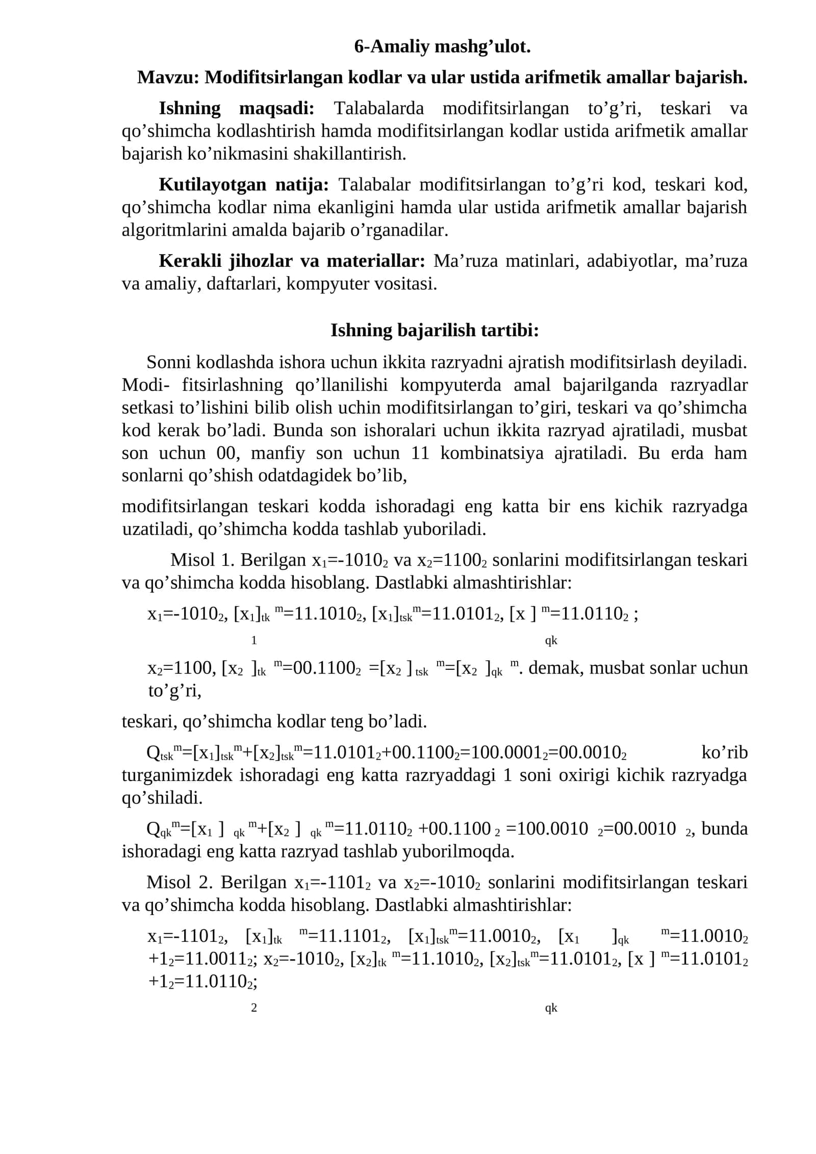 Modifitsirlangan kodlar va ular ustida arifmetik amallar bajarish