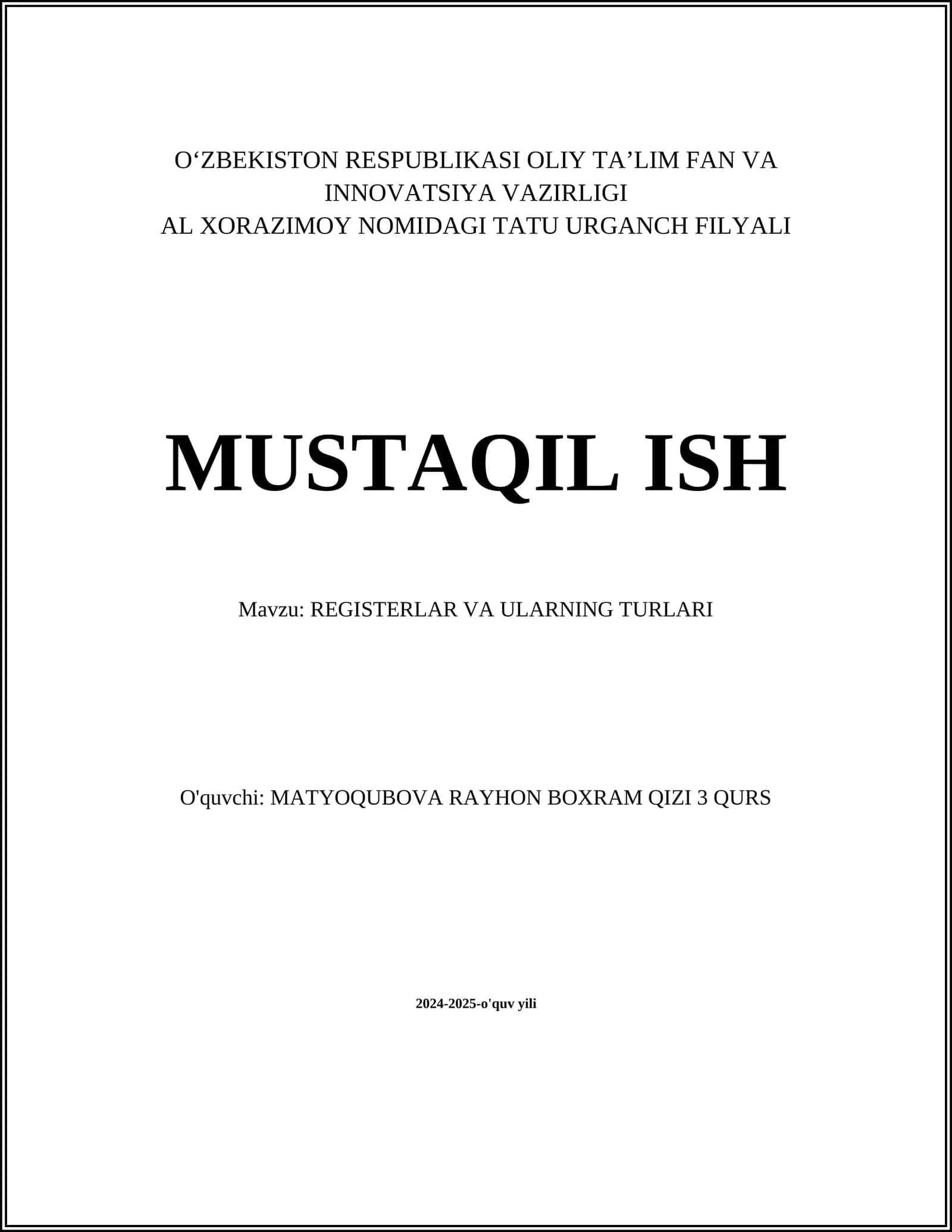 REGISTERLAR VA ULARNING TURLARI