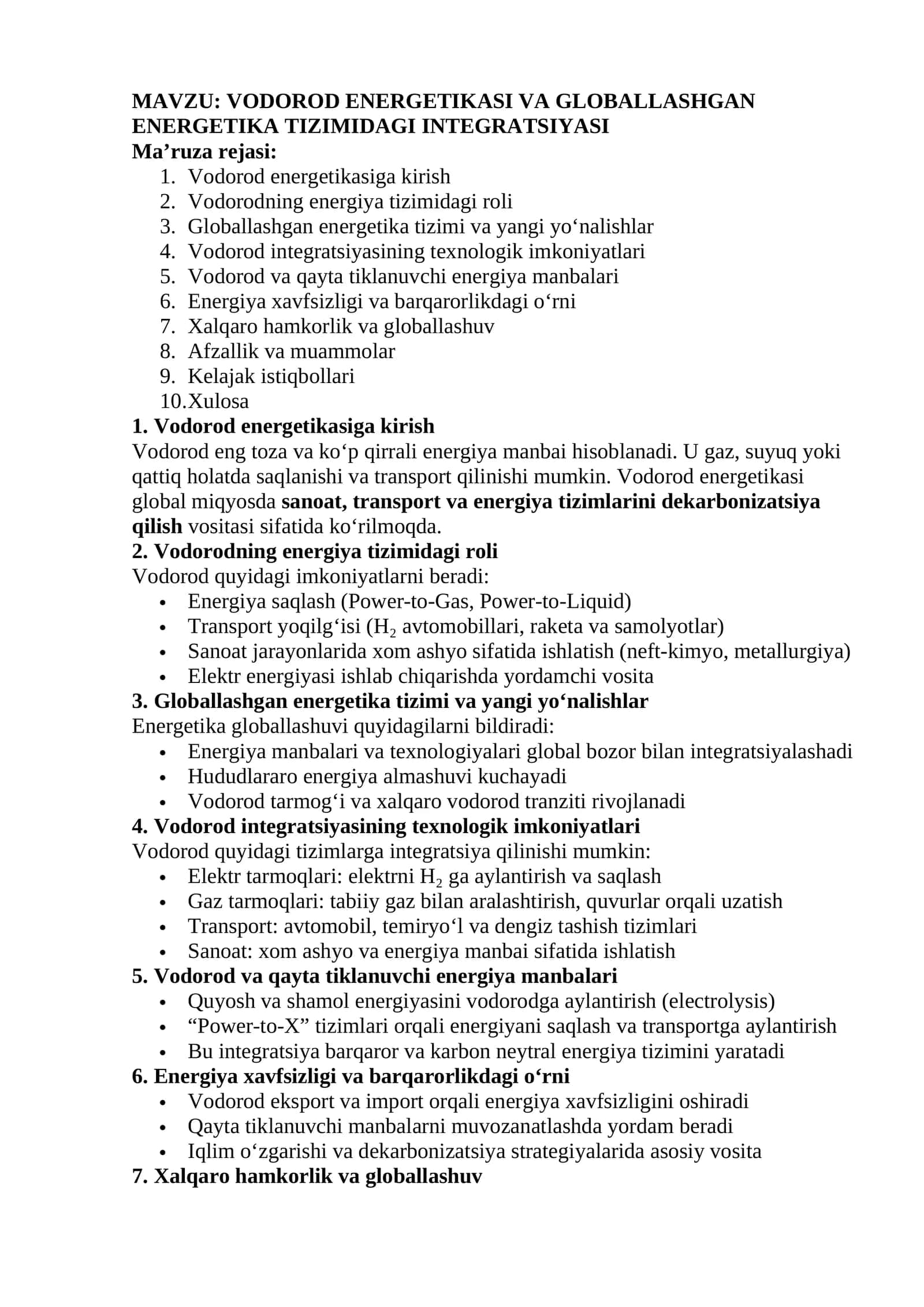 VODOROD ENERGETIKASI VA GLOBALLASHGAN ENERGETIKA TIZIMIDAGI INTEGRATSIYASI