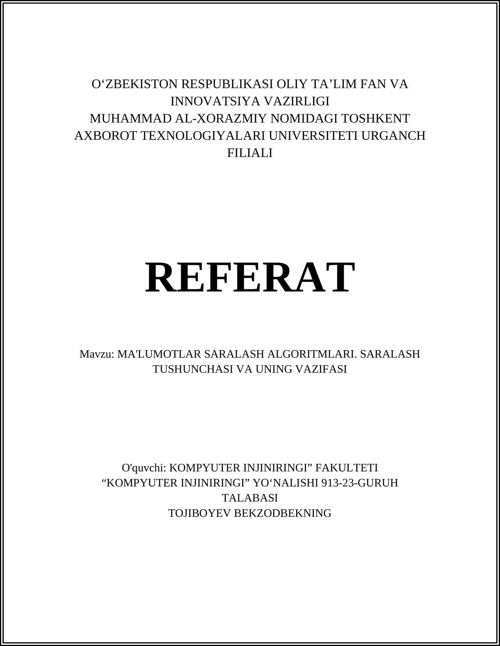 MA'LUMOTLAR SARALASH ALGORITMLARI. SARALASH TUSHUNCHASI VA UNING VAZIFASI