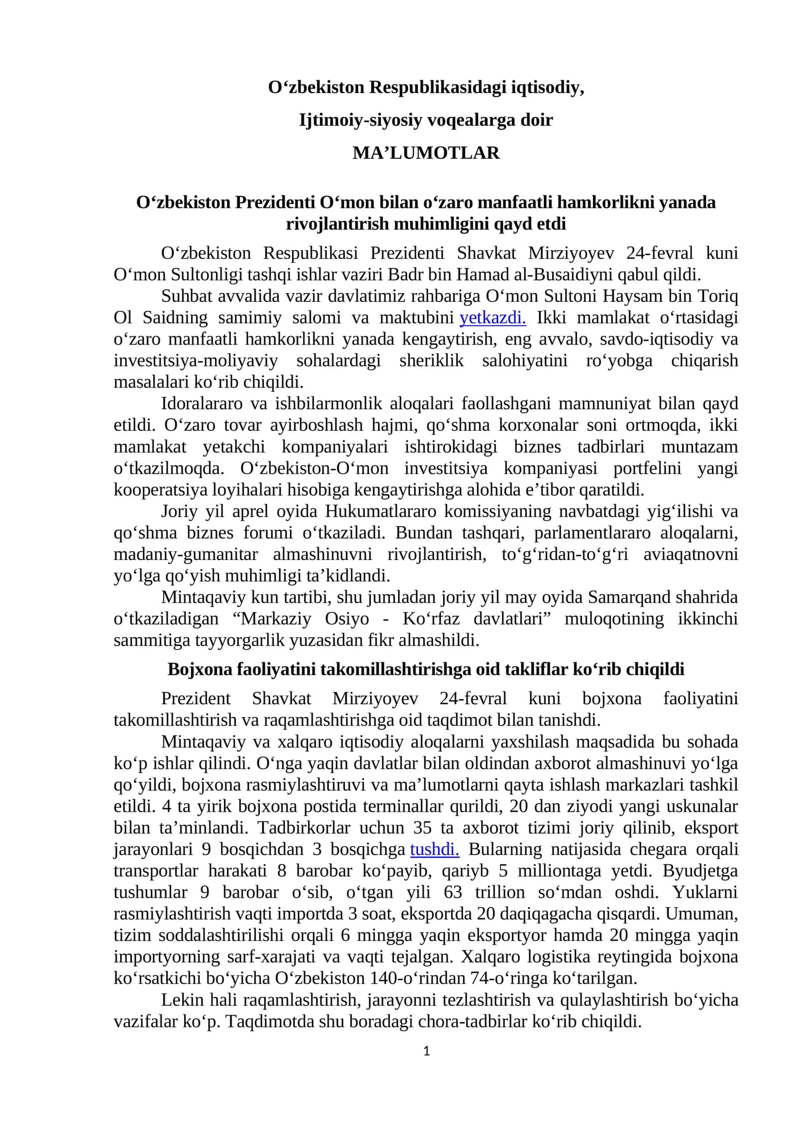 O‘zbekiston Respublikasi Prezidenti Shavkat Mirziyoyev maktubi