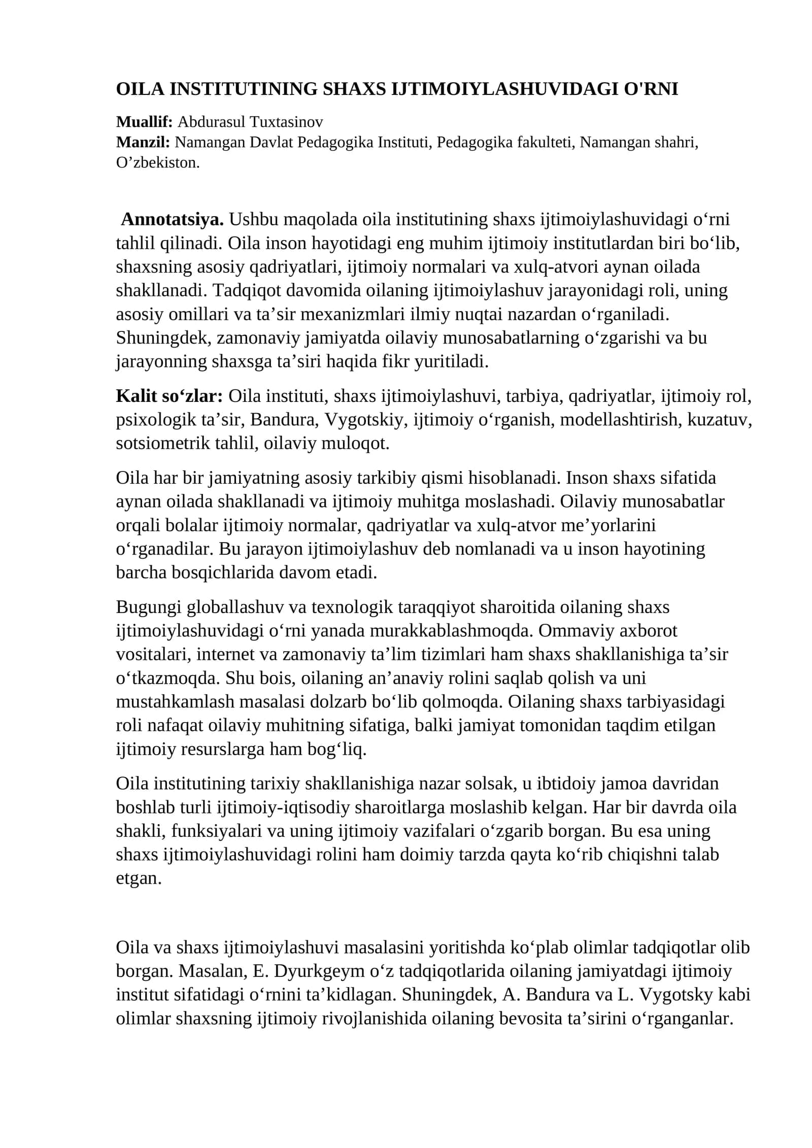 Oila institutining shaxs ijtimoiylashuvidagi o'rni.