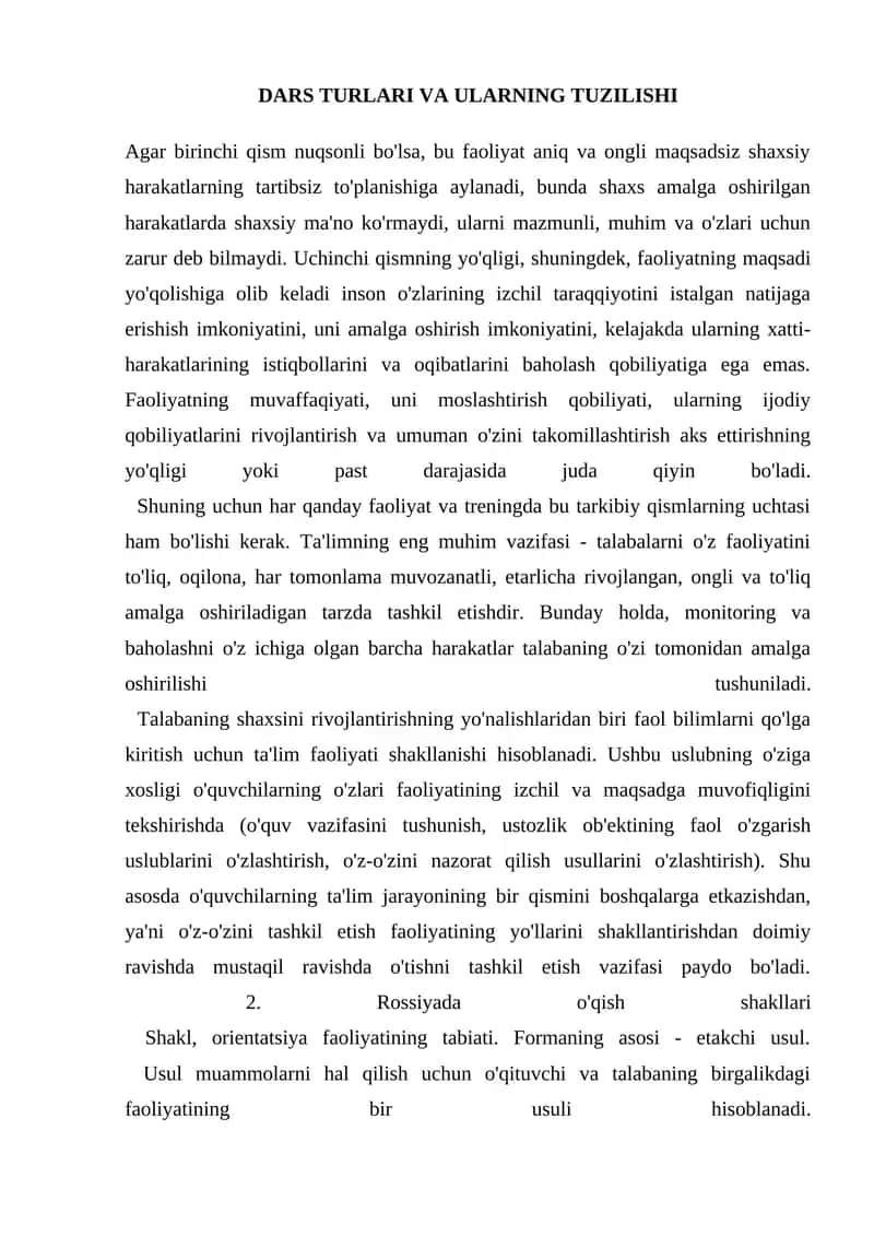 Dars turlari va ulaning tuzilishi