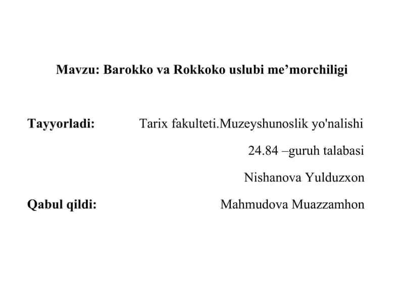 Barokko va Rokkoko uslubi me’morchiligi